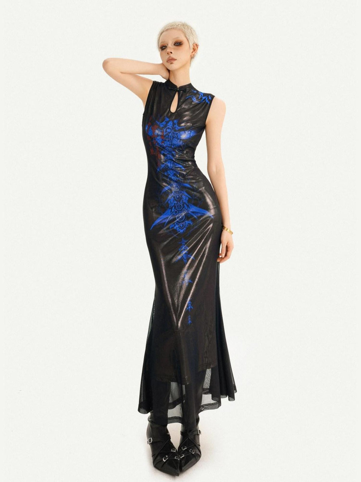 Nico Molly Black Blue Cyber Cutout Mandarin Mermaid Women&
