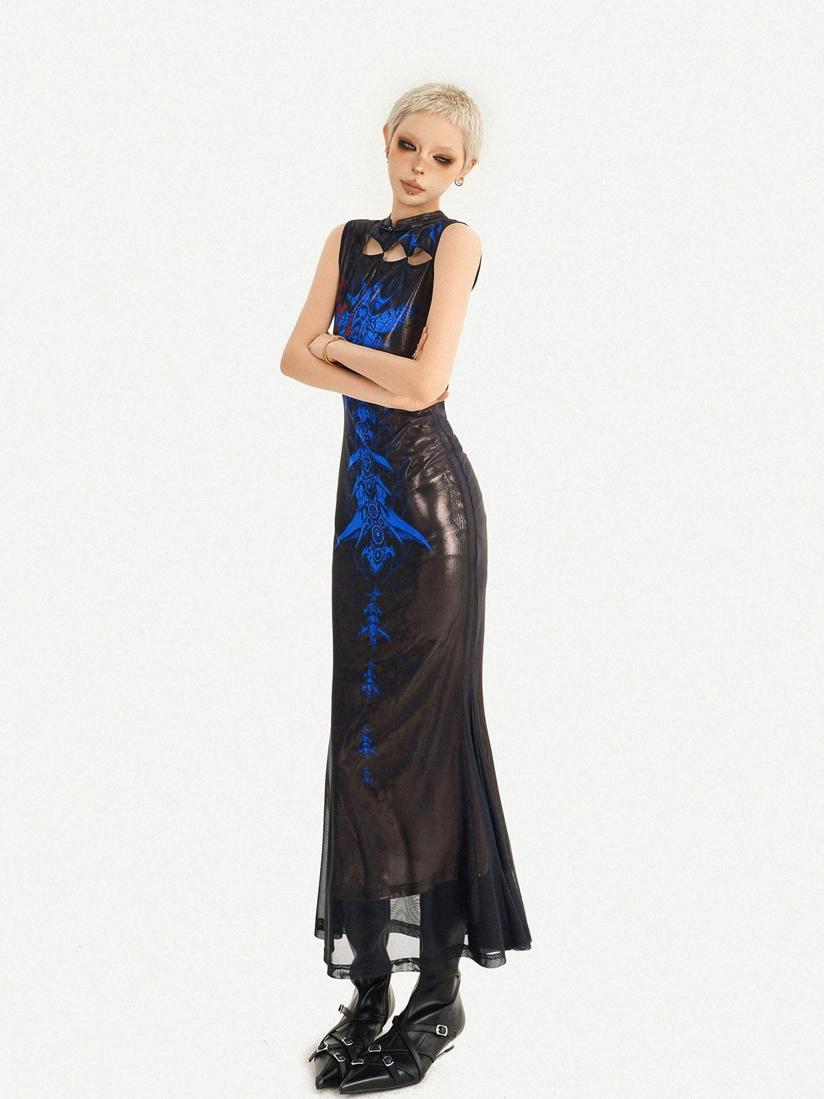 Nico Molly Black Blue Cyber Cutout Mandarin Mermaid Women&