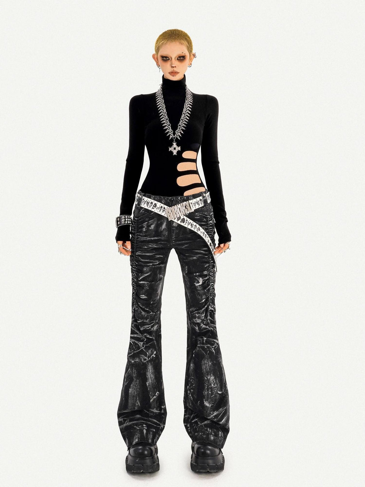 Nico Molly Black Cutout Distressed Mock Neck Slim Fit Women&