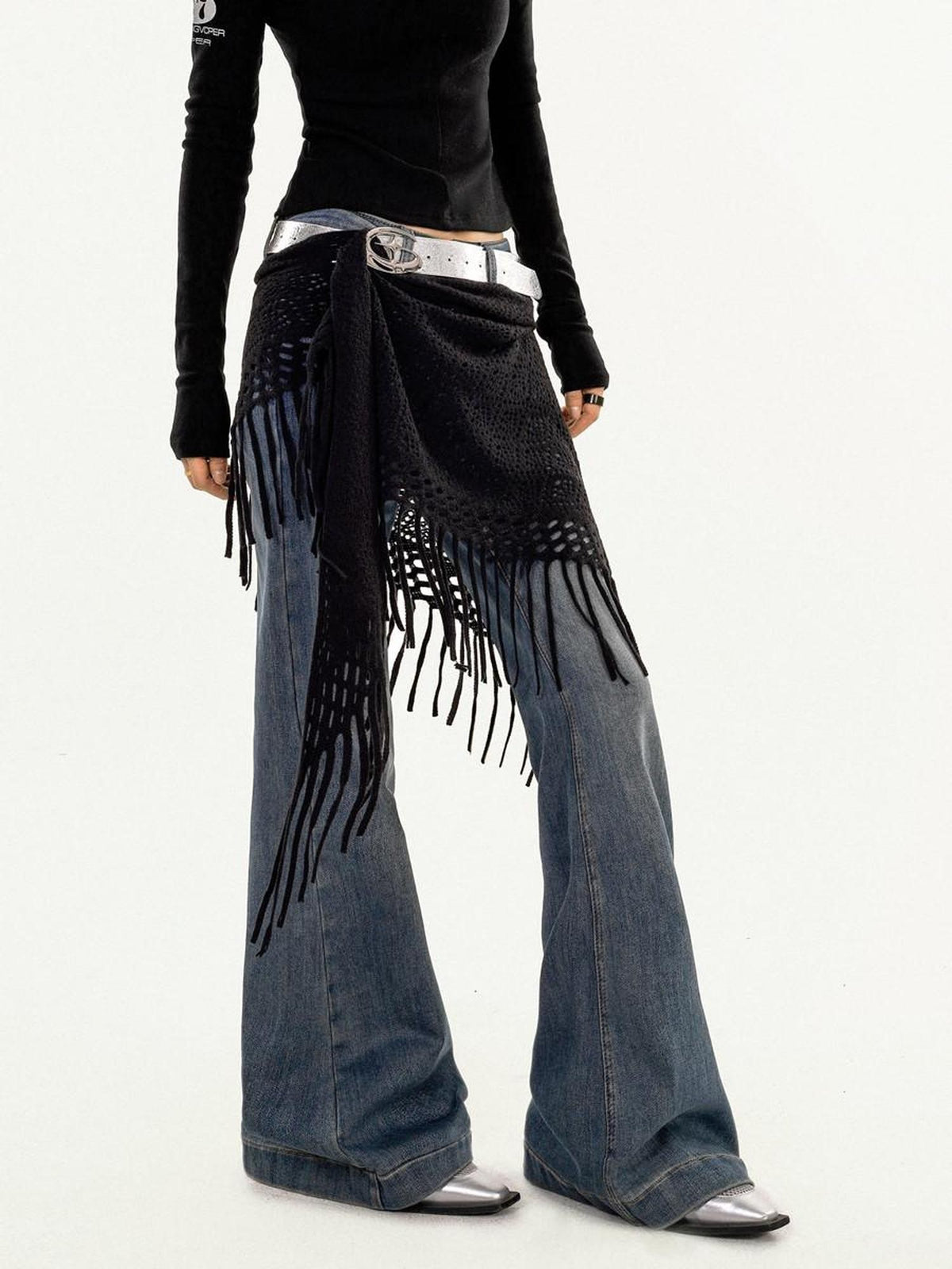 Nico Molly Black Knitted Mesh Layered Cutout A Line High Waist Women&