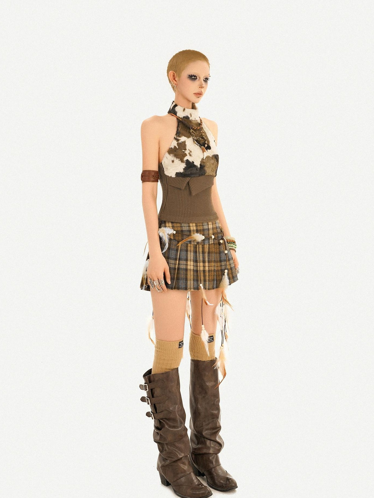 Nico Molly Black Plaid Pleated High Waist A Line Distressed Women&