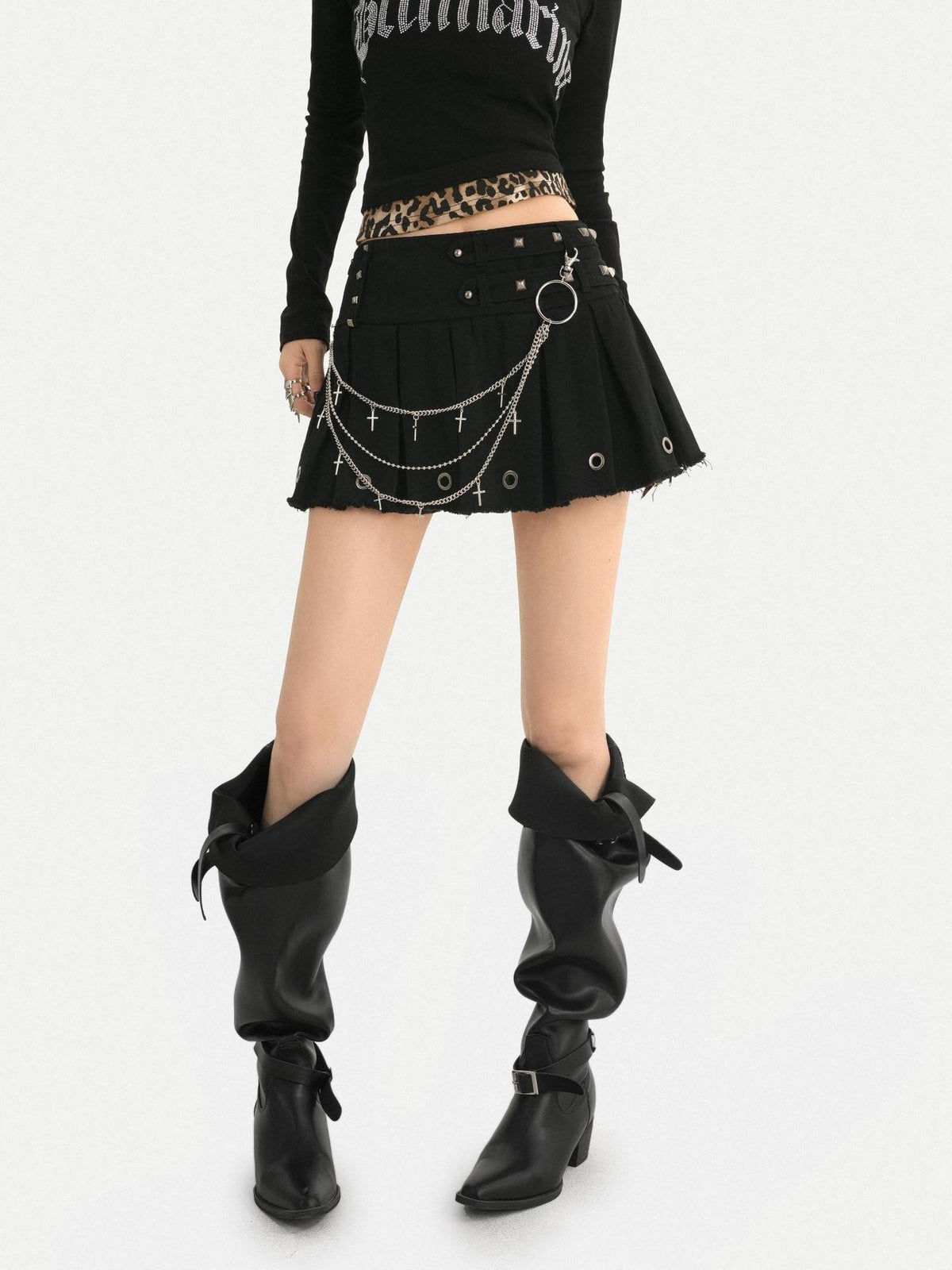 Nico Molly Black Pleated Studded Metal Chain Low Waist Women&