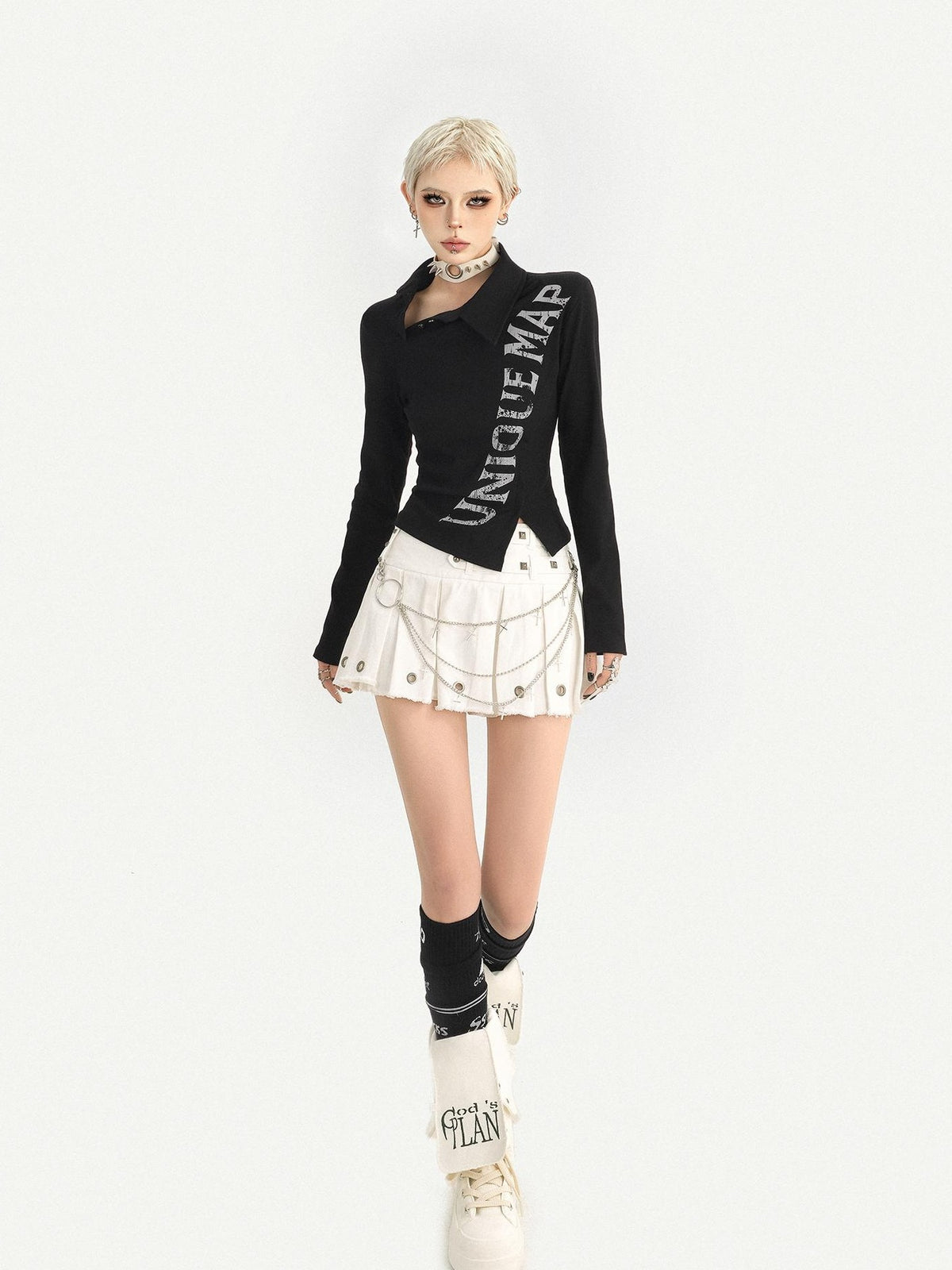 Nico Molly Black Pleated Studded Metal Chain Low Waist Women&