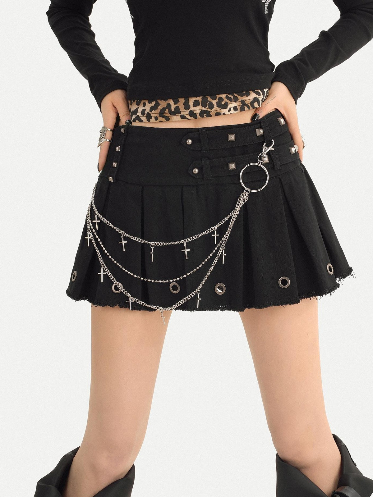 Nico Molly Black Pleated Studded Metal Chain Low Waist Women&