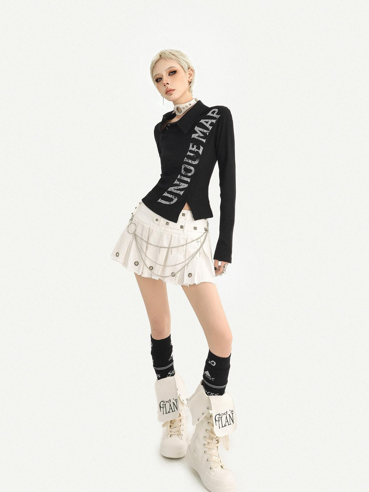 Nico Molly Black Pleated Studded Metal Chain Low Waist Women&