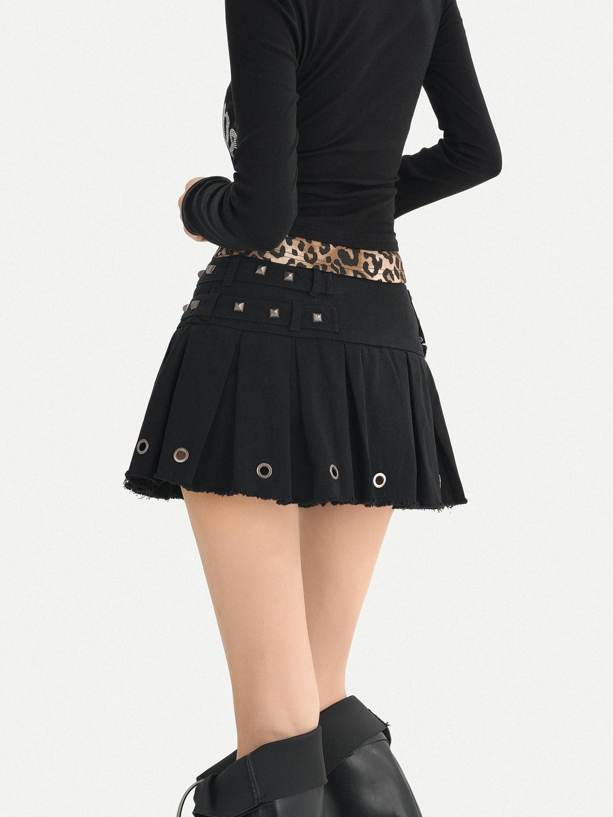 Nico Molly Black Pleated Studded Metal Chain Low Waist Women&