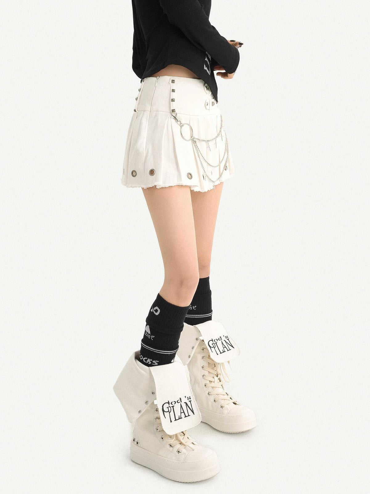 Nico Molly Black Pleated Studded Metal Chain Low Waist Women&