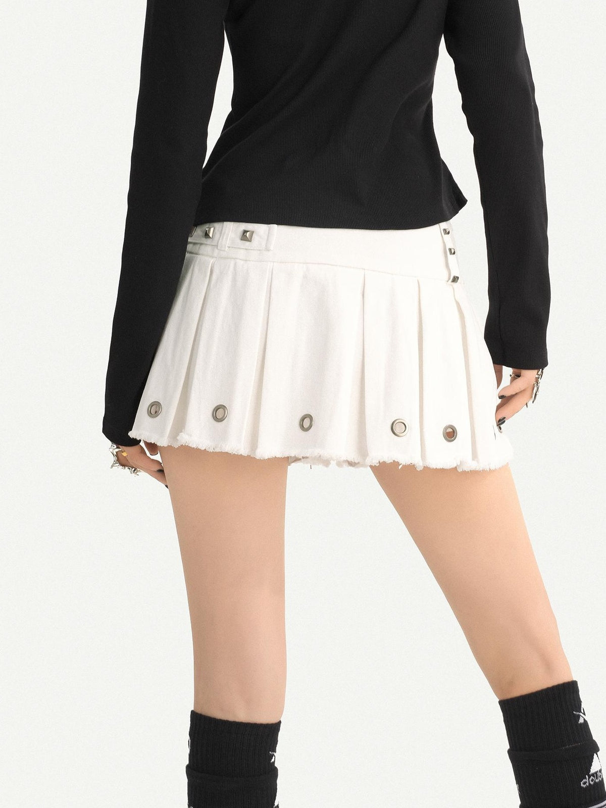 Nico Molly Black Pleated Studded Metal Chain Low Waist Women&