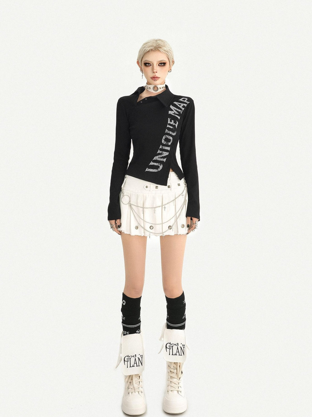 Nico Molly Black Pleated Studded Metal Chain Low Waist Women&