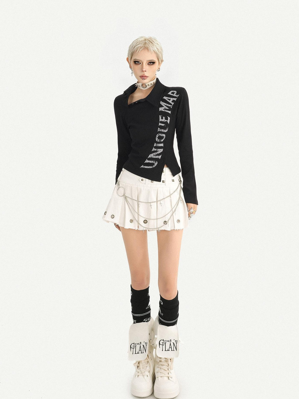 Nico Molly Black Pleated Studded Metal Chain Low Waist Women&