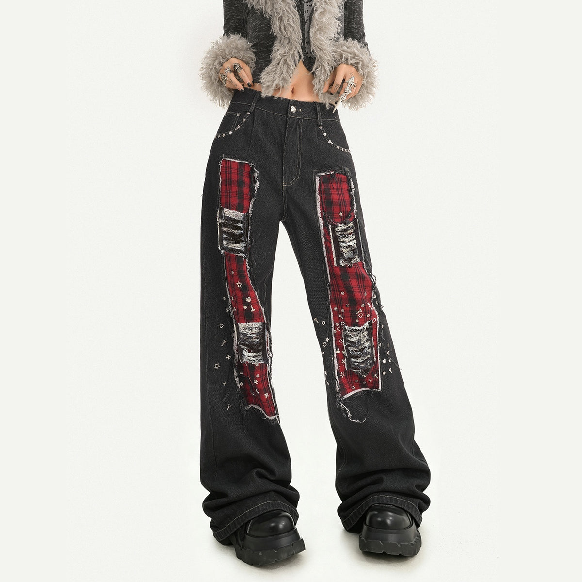 Nico_Molly_Black_Red_Plaid_Patchwork_Rivet_Punk_Women&