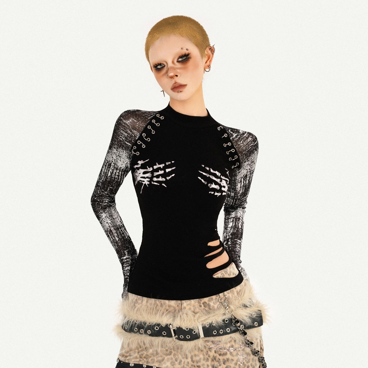 Nico_Molly_Black_Skull_Print_Faux_Two_Piece_Punk_Slim_Women&
