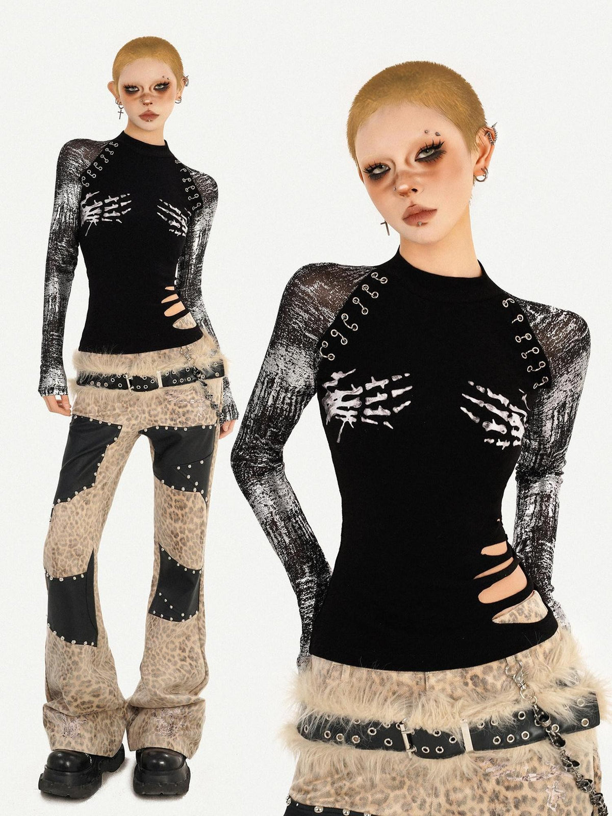Nico Molly Black Skull Print Faux Two Piece Punk Slim Women&