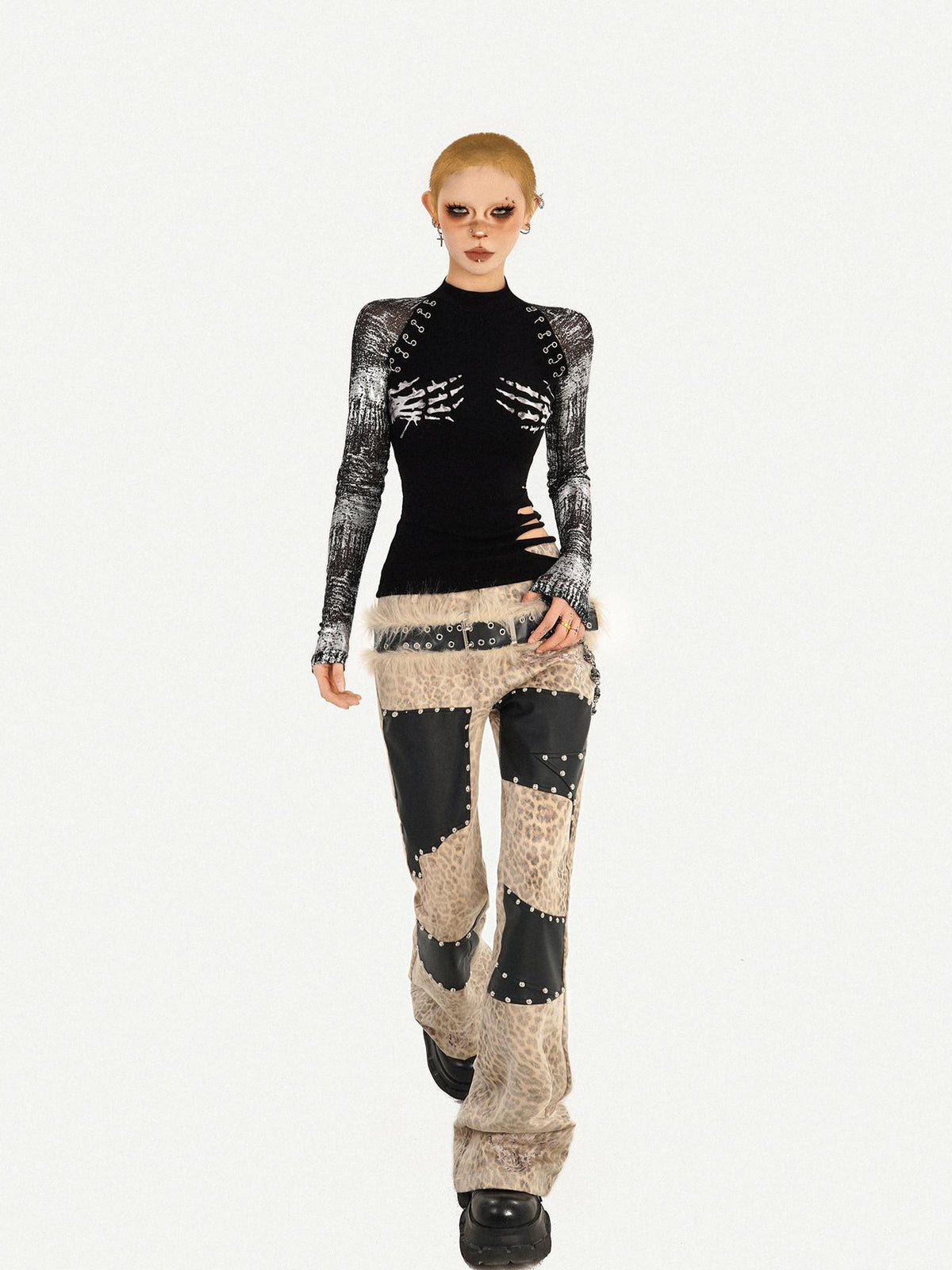Nico Molly Black Skull Print Faux Two Piece Punk Slim Women&
