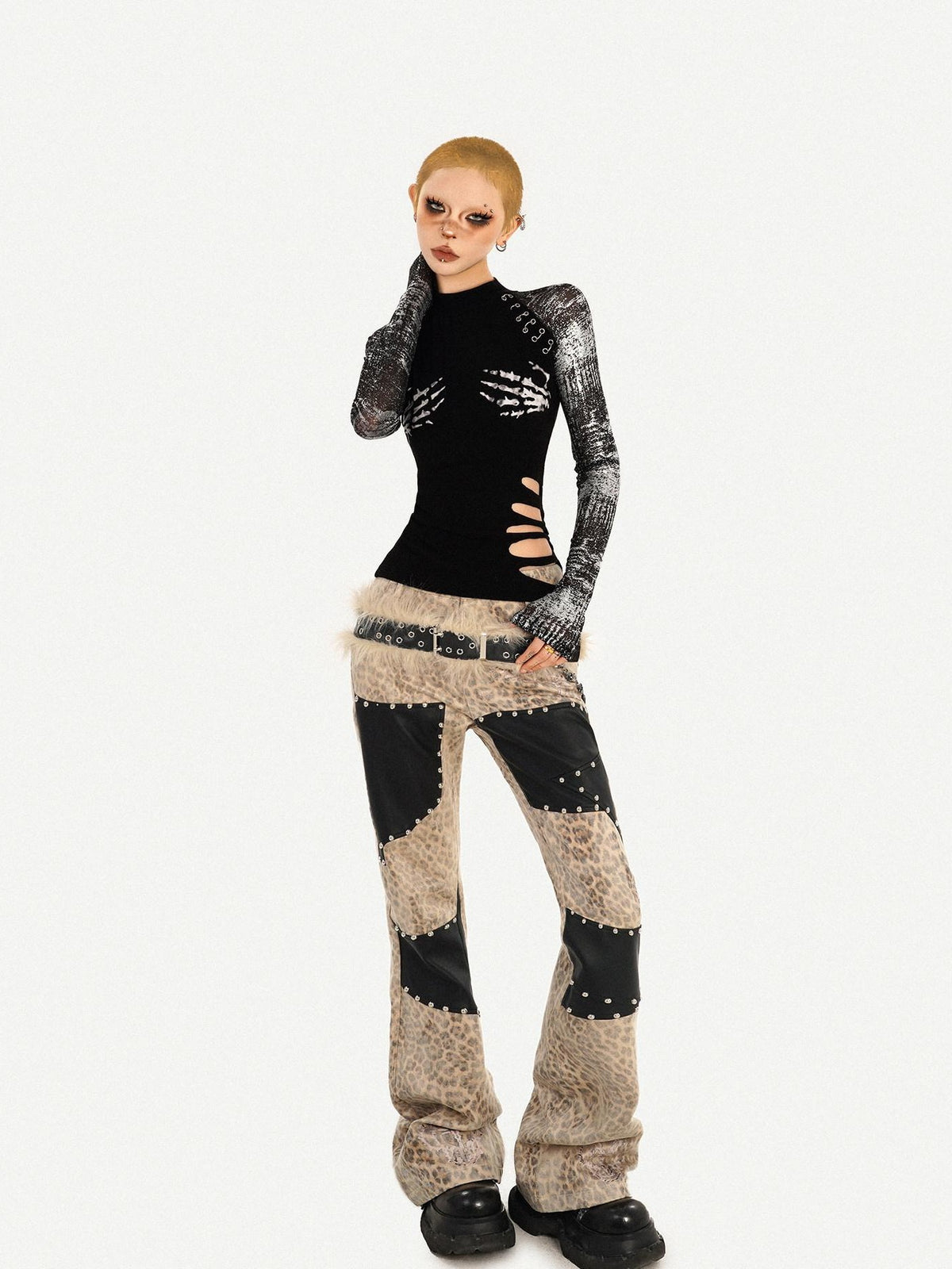 Nico Molly Black Skull Print Faux Two Piece Punk Slim Women&