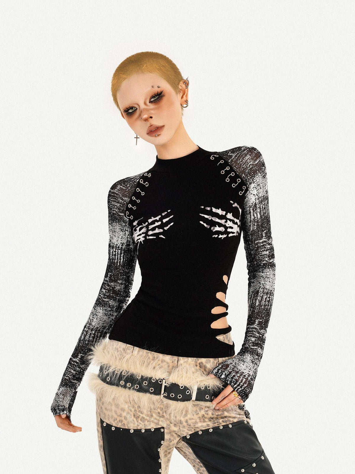 Nico Molly Black Skull Print Faux Two Piece Punk Slim Women&