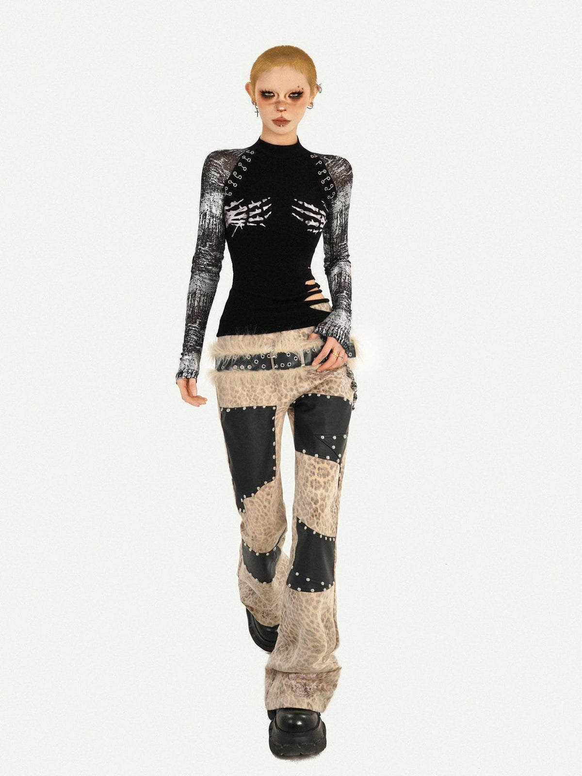 Nico Molly Black Skull Print Faux Two Piece Punk Slim Women&