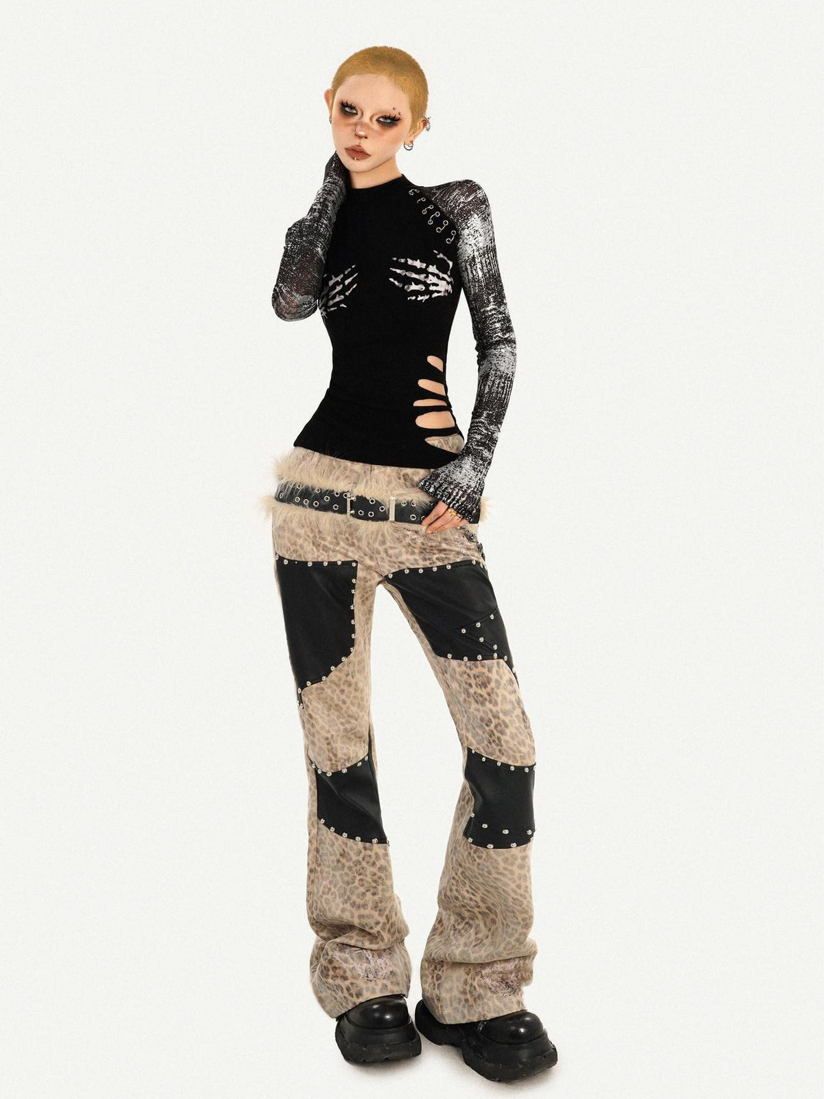 Nico Molly Black Skull Print Faux Two Piece Punk Slim Women&