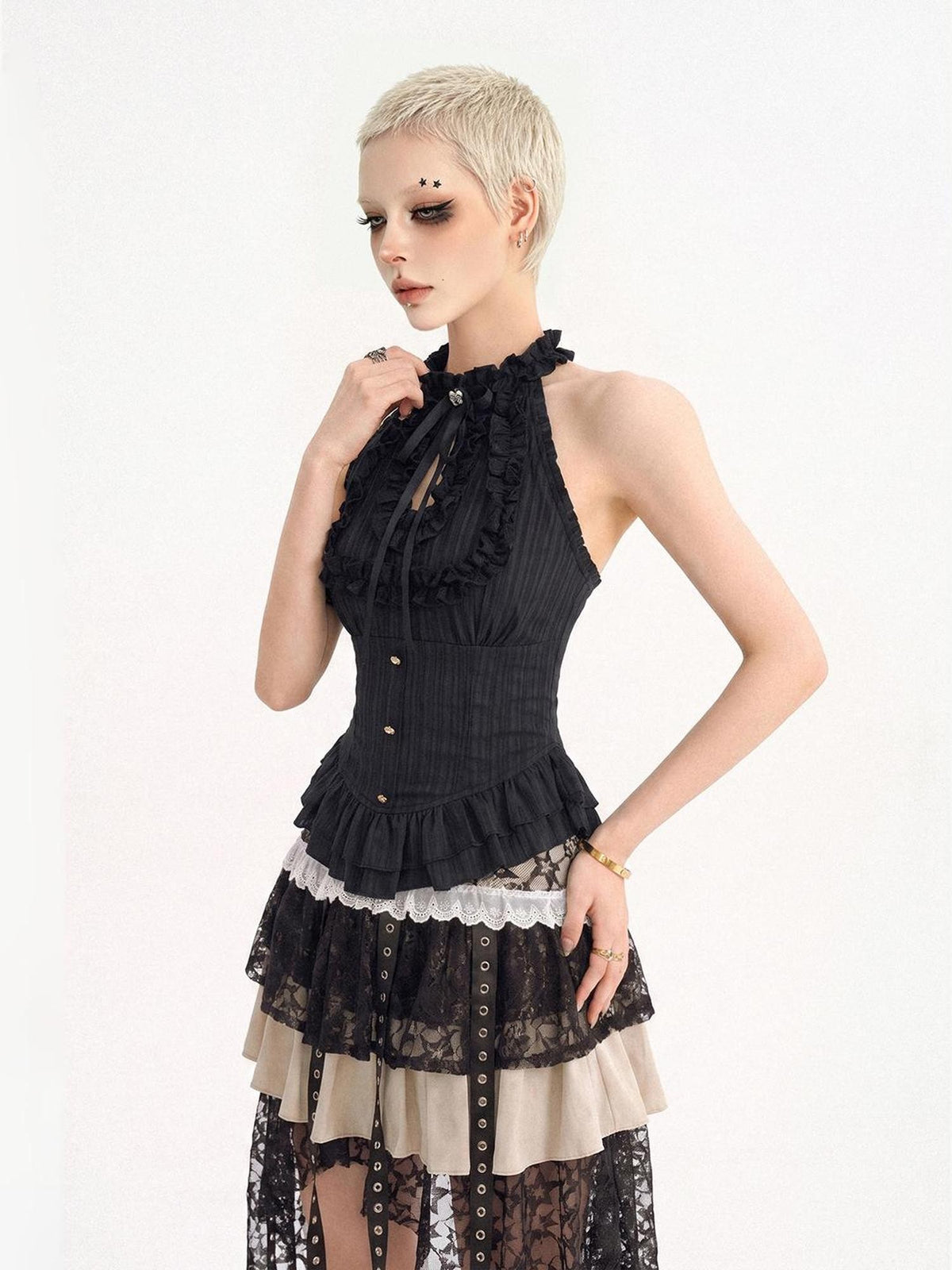 Nico Molly Black Street Goth Asymmetrical Ruffle Slim Fit Women&