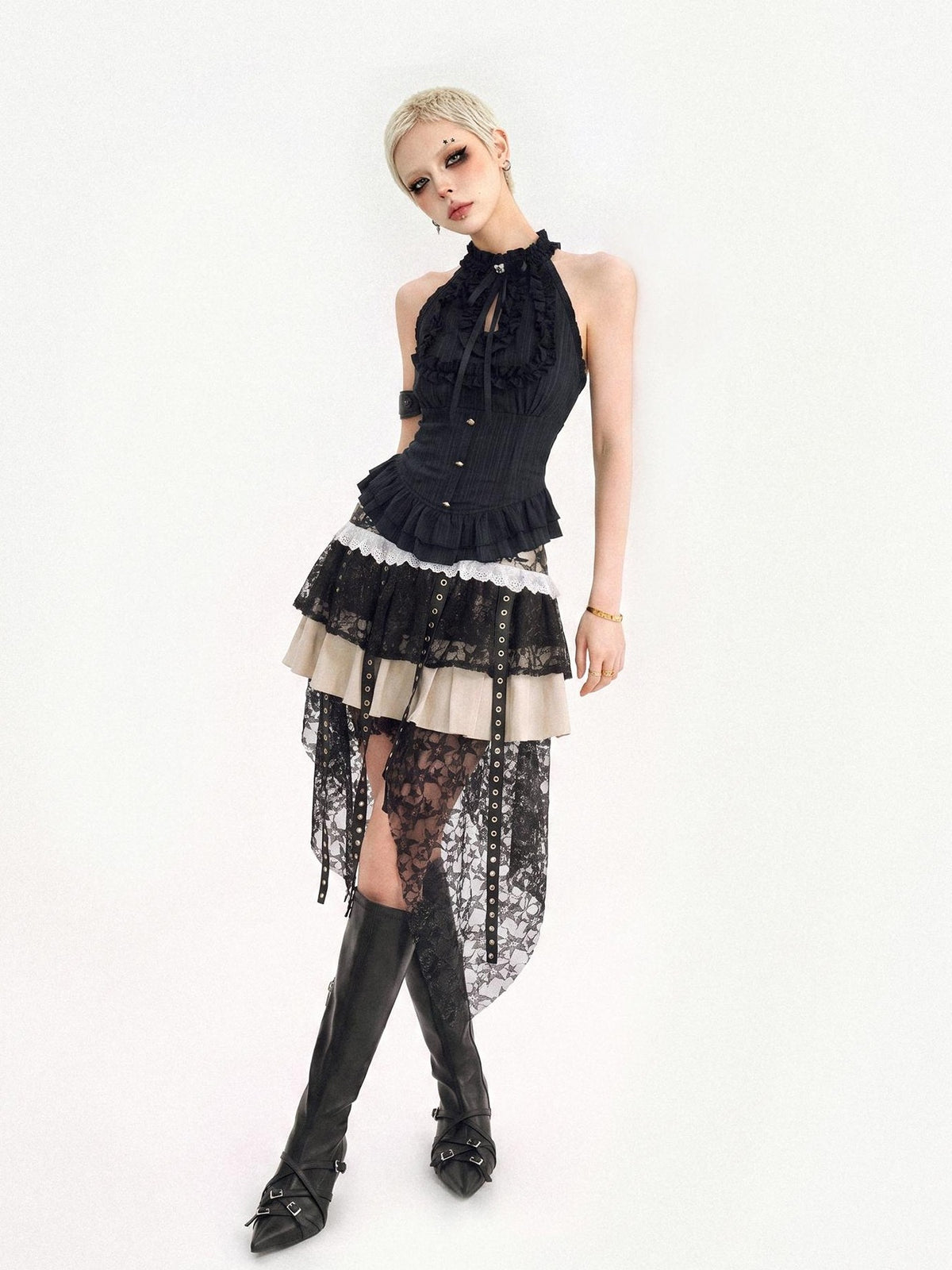 Nico Molly Black Street Goth Asymmetrical Ruffle Slim Fit Women&