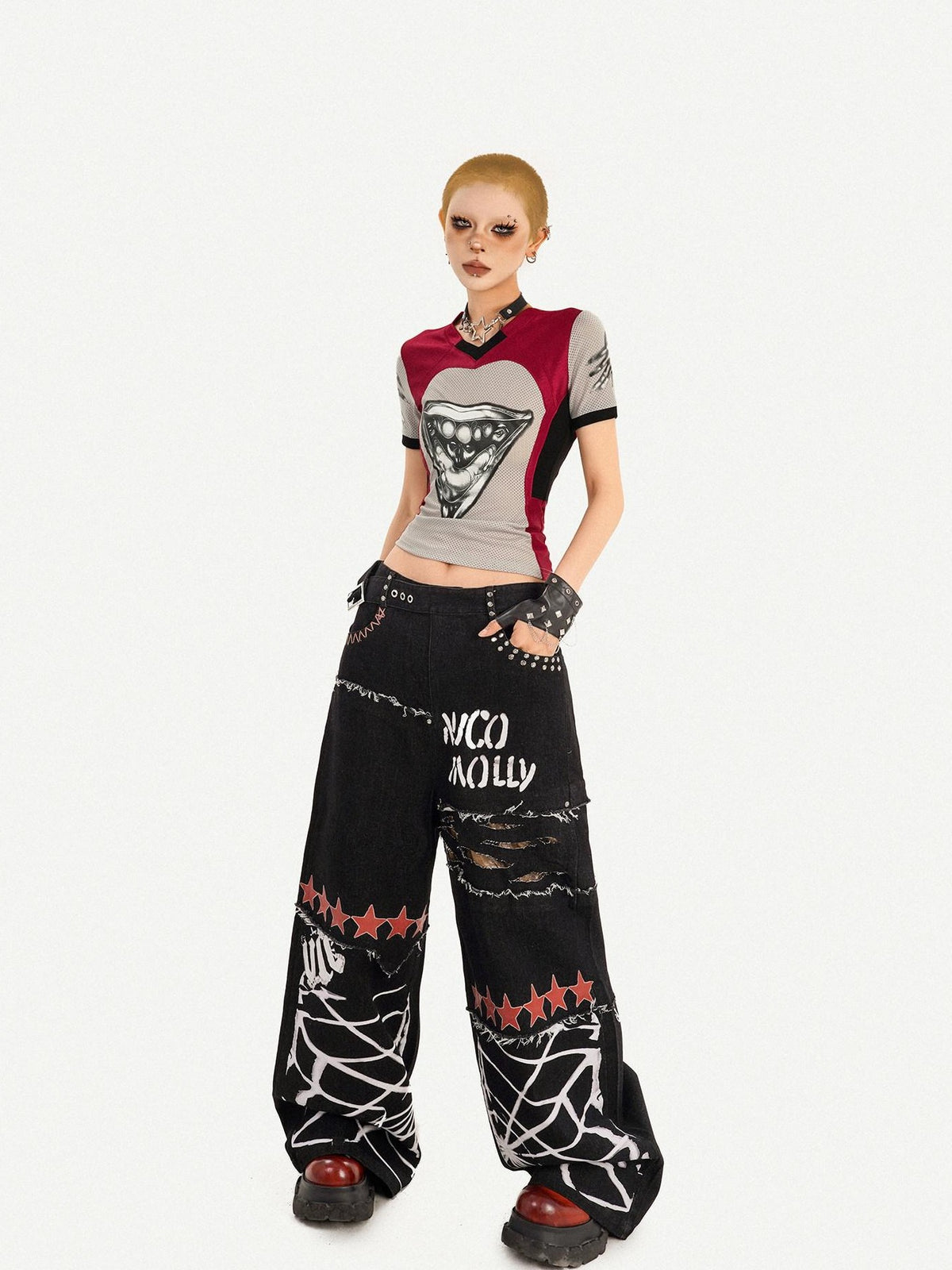 Nico Molly Black Street Ripped Graffiti Letter Loose Fit Women&