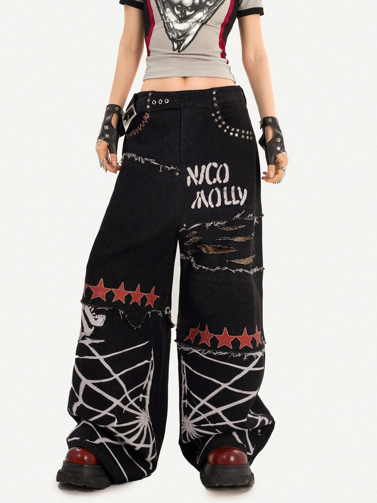 Nico Molly Black Street Ripped Graffiti Letter Loose Fit Women&