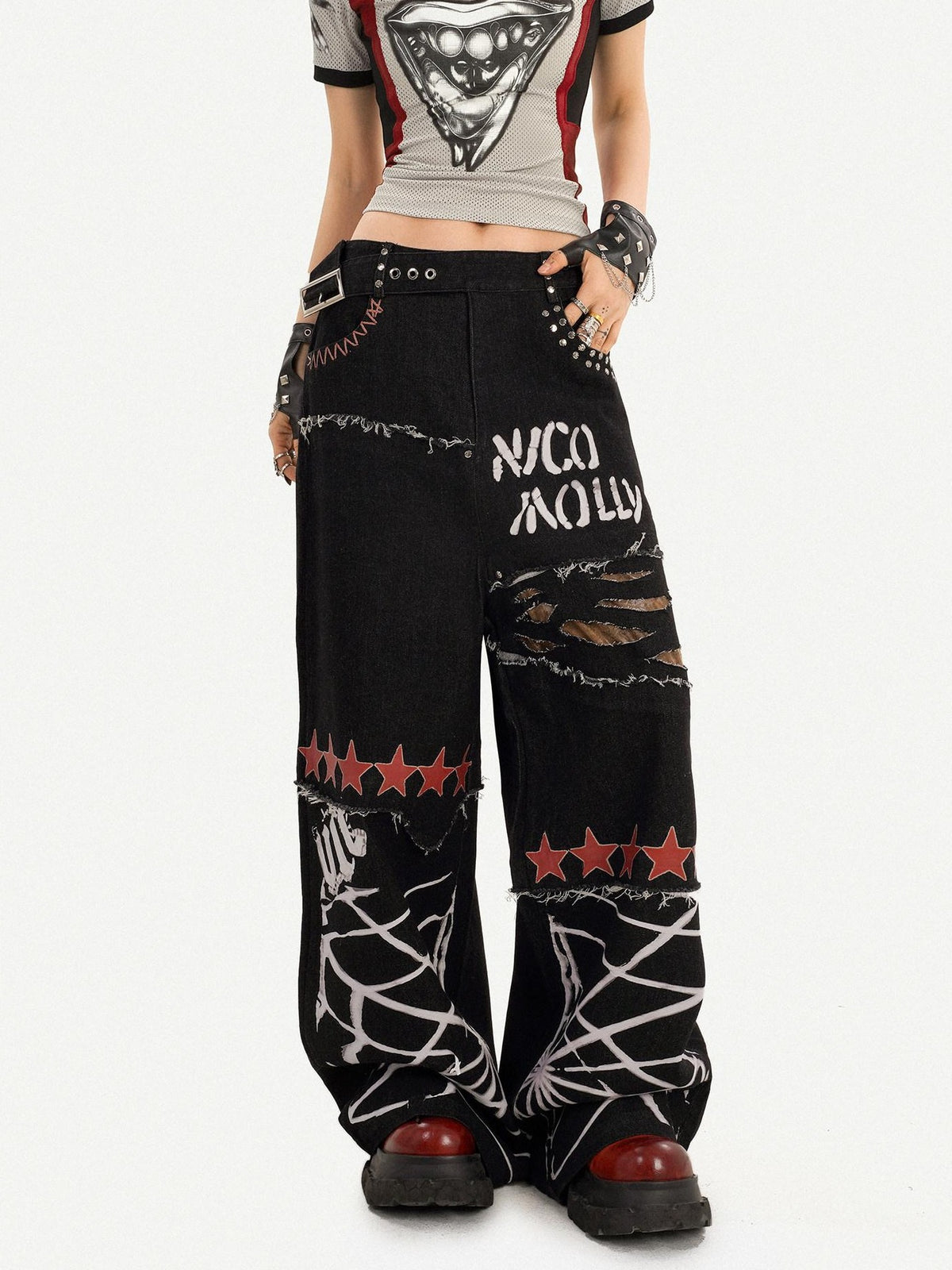 Nico Molly Black Street Ripped Graffiti Letter Loose Fit Women&
