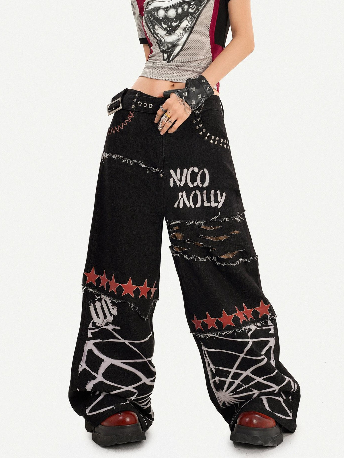 Nico Molly Black Street Ripped Graffiti Letter Loose Fit Women&