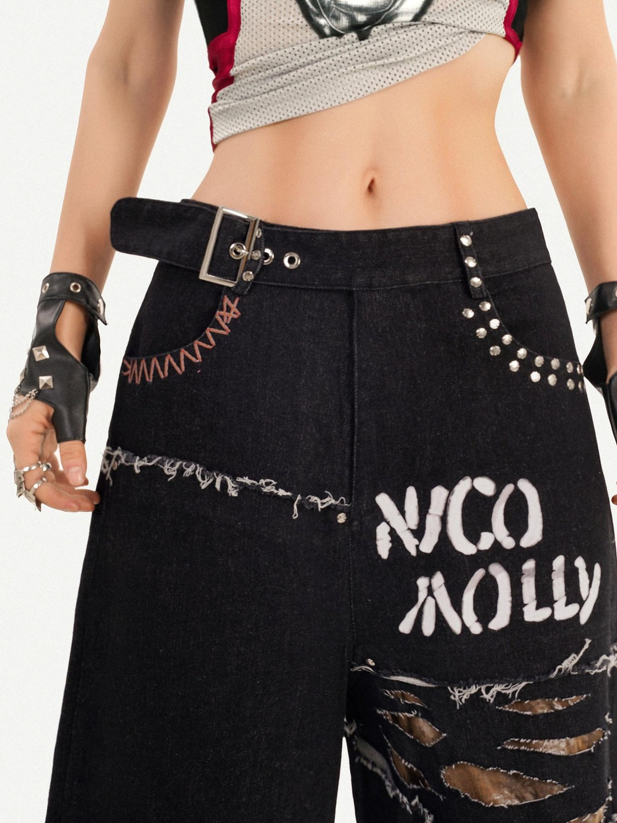 Nico Molly Black Street Ripped Graffiti Letter Loose Fit Women&