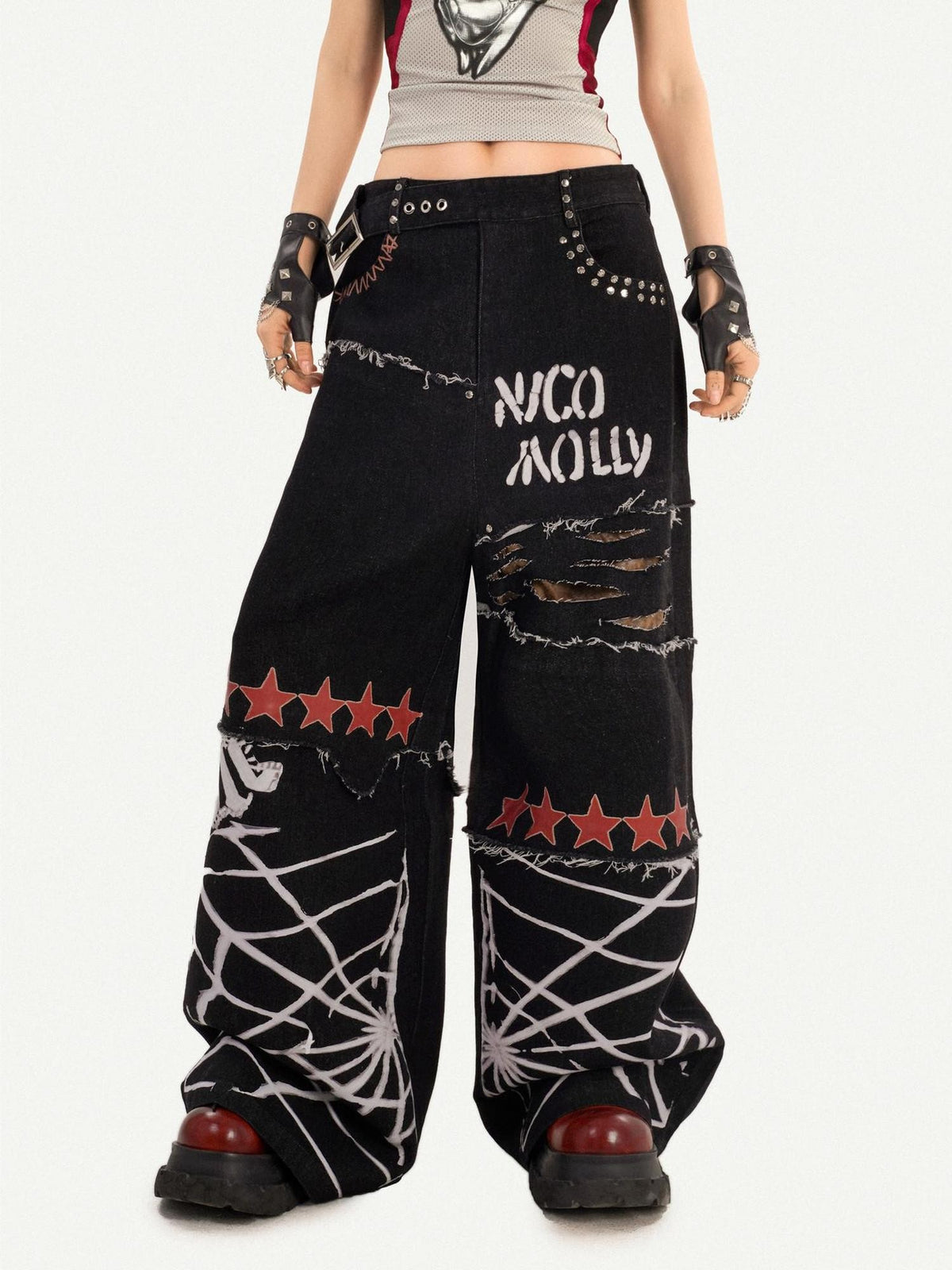 Nico Molly Black Street Ripped Graffiti Letter Loose Fit Women&