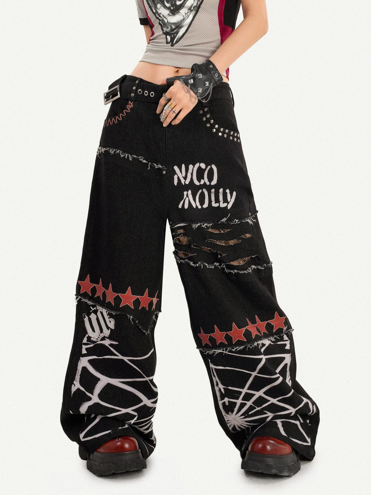 Nico Molly Black Street Ripped Graffiti Letter Loose Fit Women&