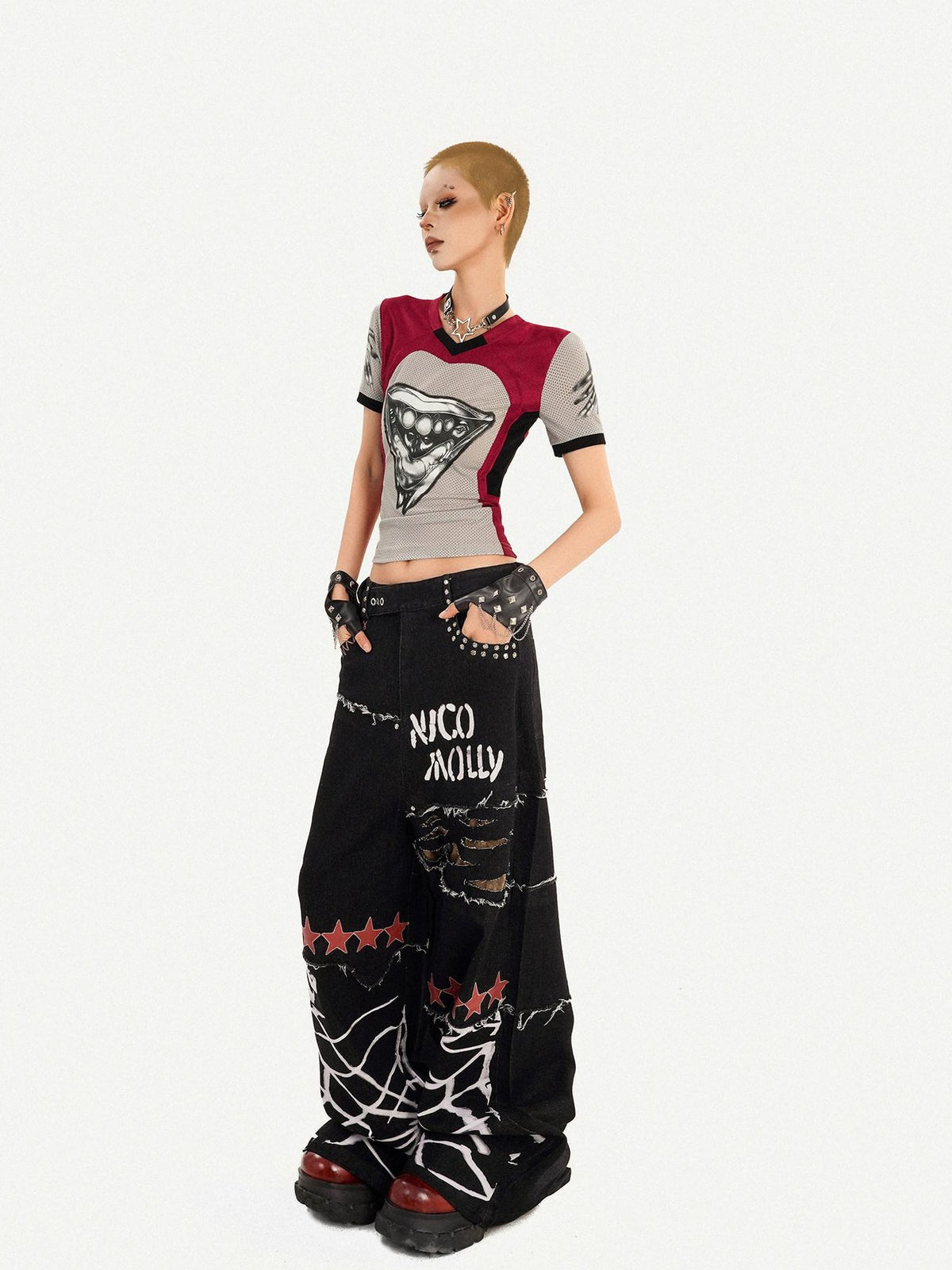 Nico Molly Black Street Ripped Graffiti Letter Loose Fit Women&