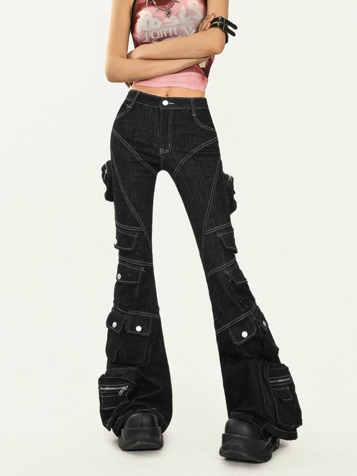 Nico Molly Black Tech Cargo Multi Pocket Slim Microflare Women&