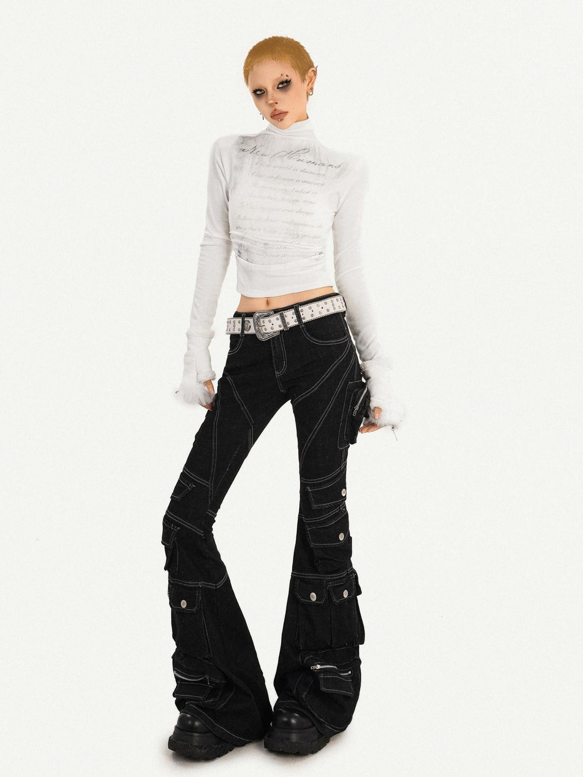 Nico Molly Black Tech Cargo Multi Pocket Slim Microflare Women&