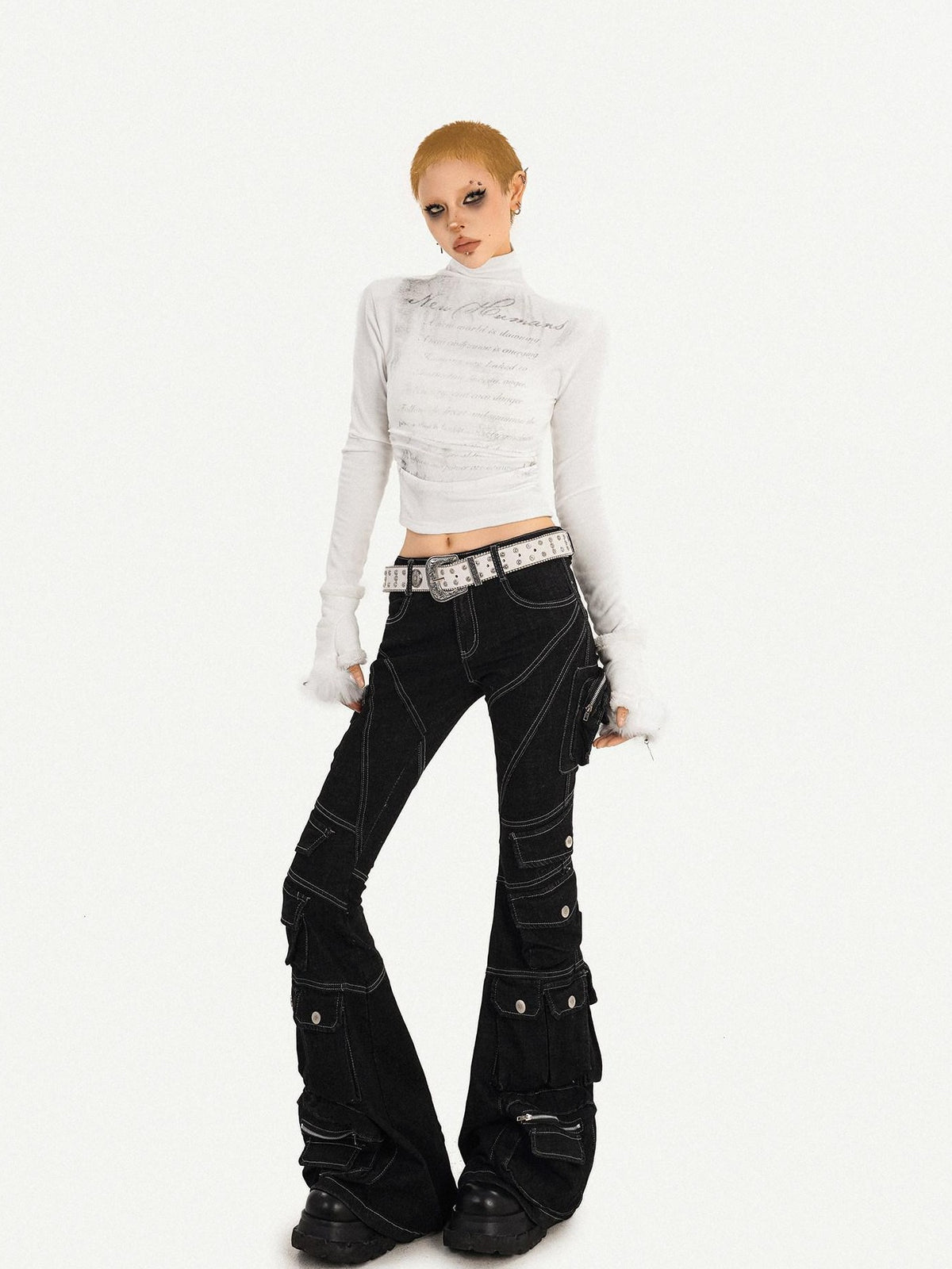 Nico Molly Black Tech Cargo Multi Pocket Slim Microflare Women&