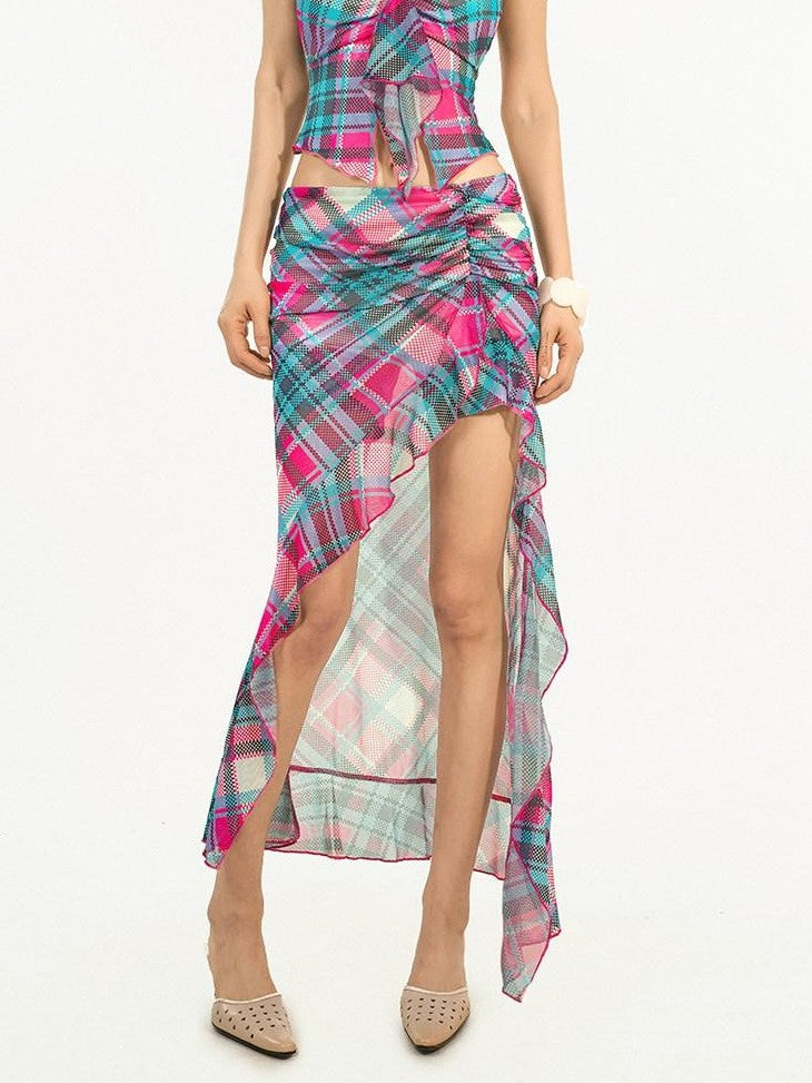 Nico Molly Blue Plaid Halter Tank Sexy Slit Skirt Women&