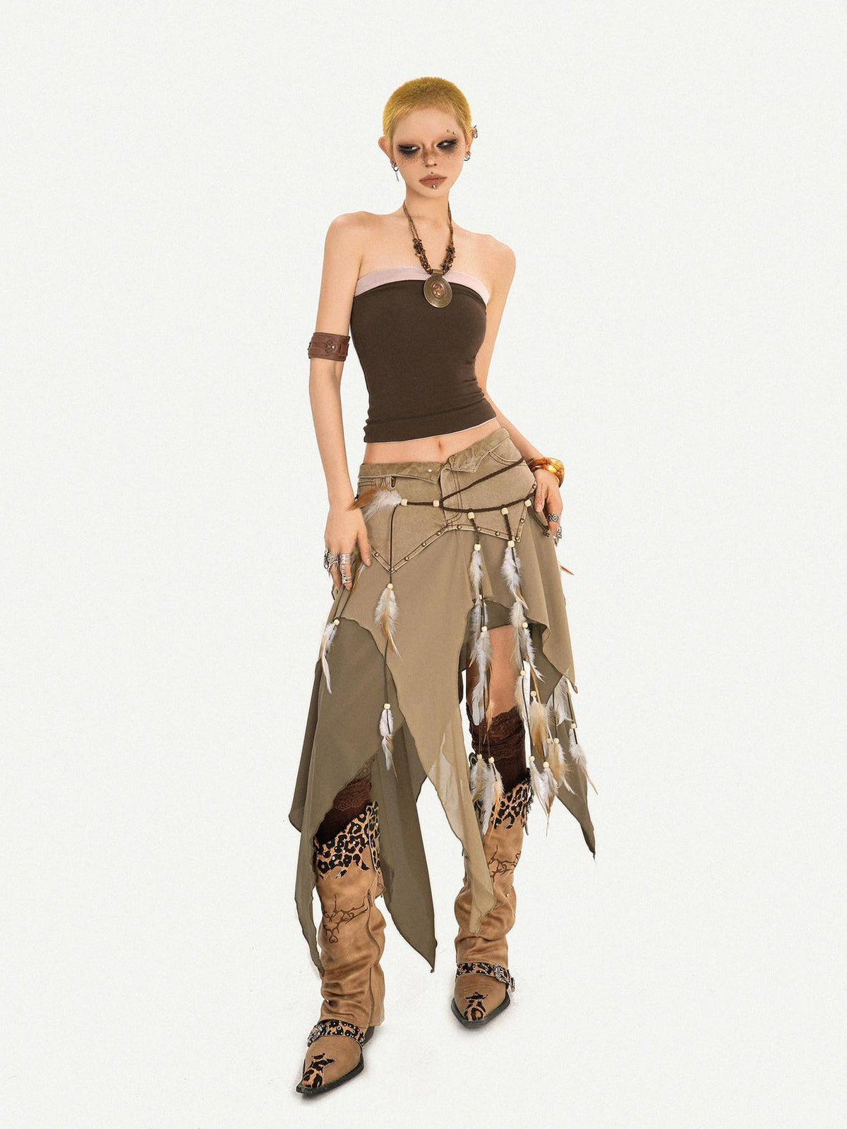 Nico Molly Brown Vintage Ethnic Handmade Braided Tassel Beaded Fur Trim Women&