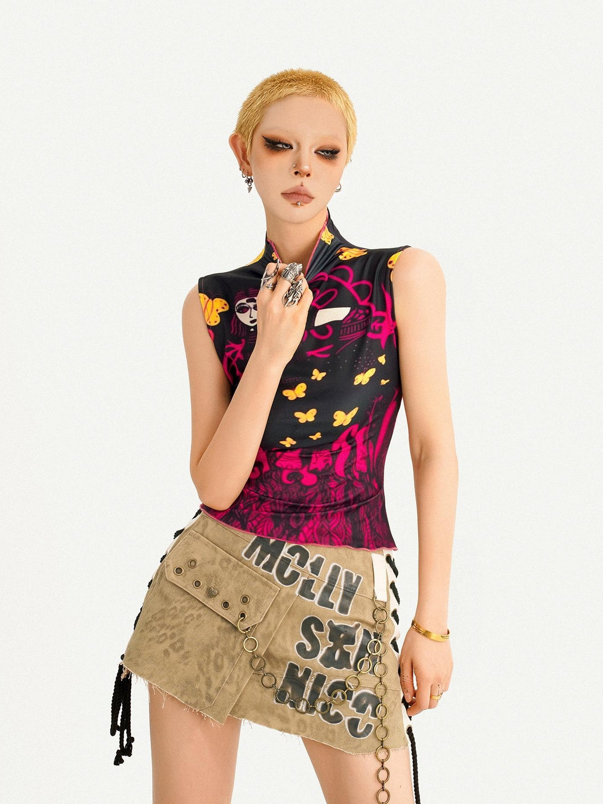 Nico Molly Butterfly Print Reversible Stand Collar Slim Fit Women&