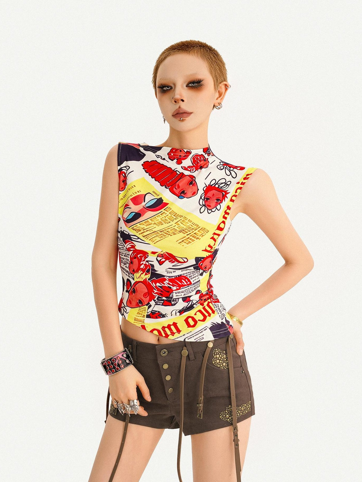 Nico Molly Comic Letter Fruit Print Slim Convertible A Line Narrow Strap Women&