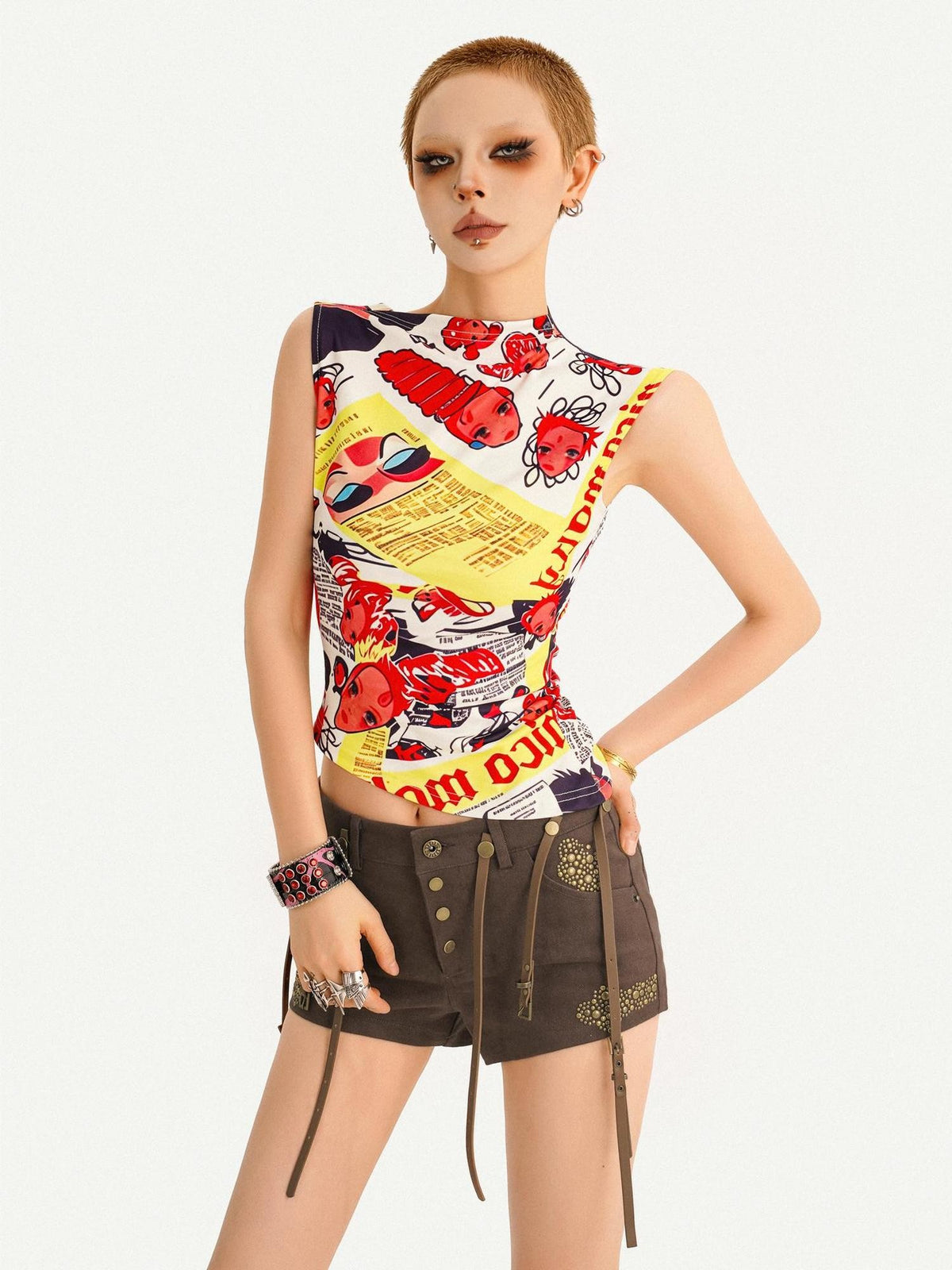 Nico Molly Comic Letter Fruit Print Slim Convertible A Line Narrow Strap Women&