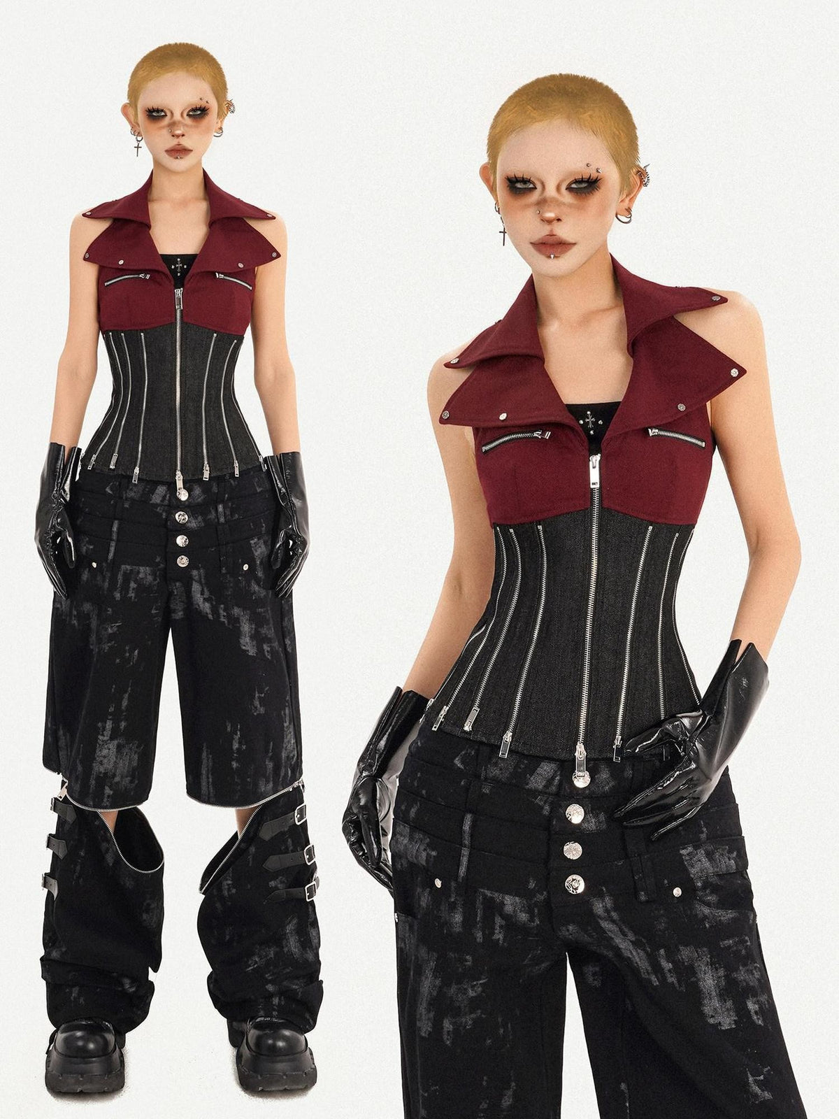 Nico Molly Contrast Zipper Chain Punk Halter Collar Women&