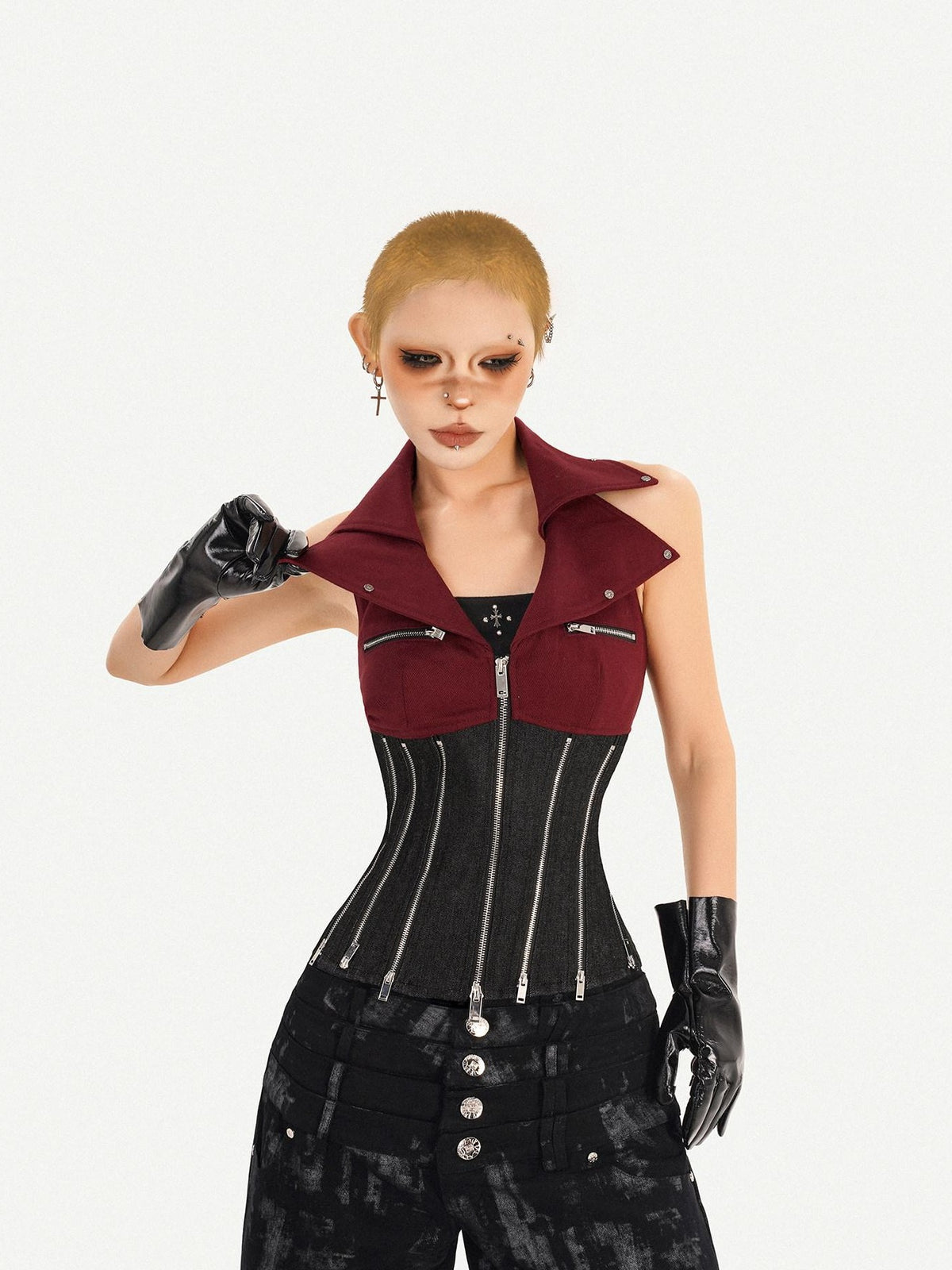 Nico Molly Contrast Zipper Chain Punk Halter Collar Women&