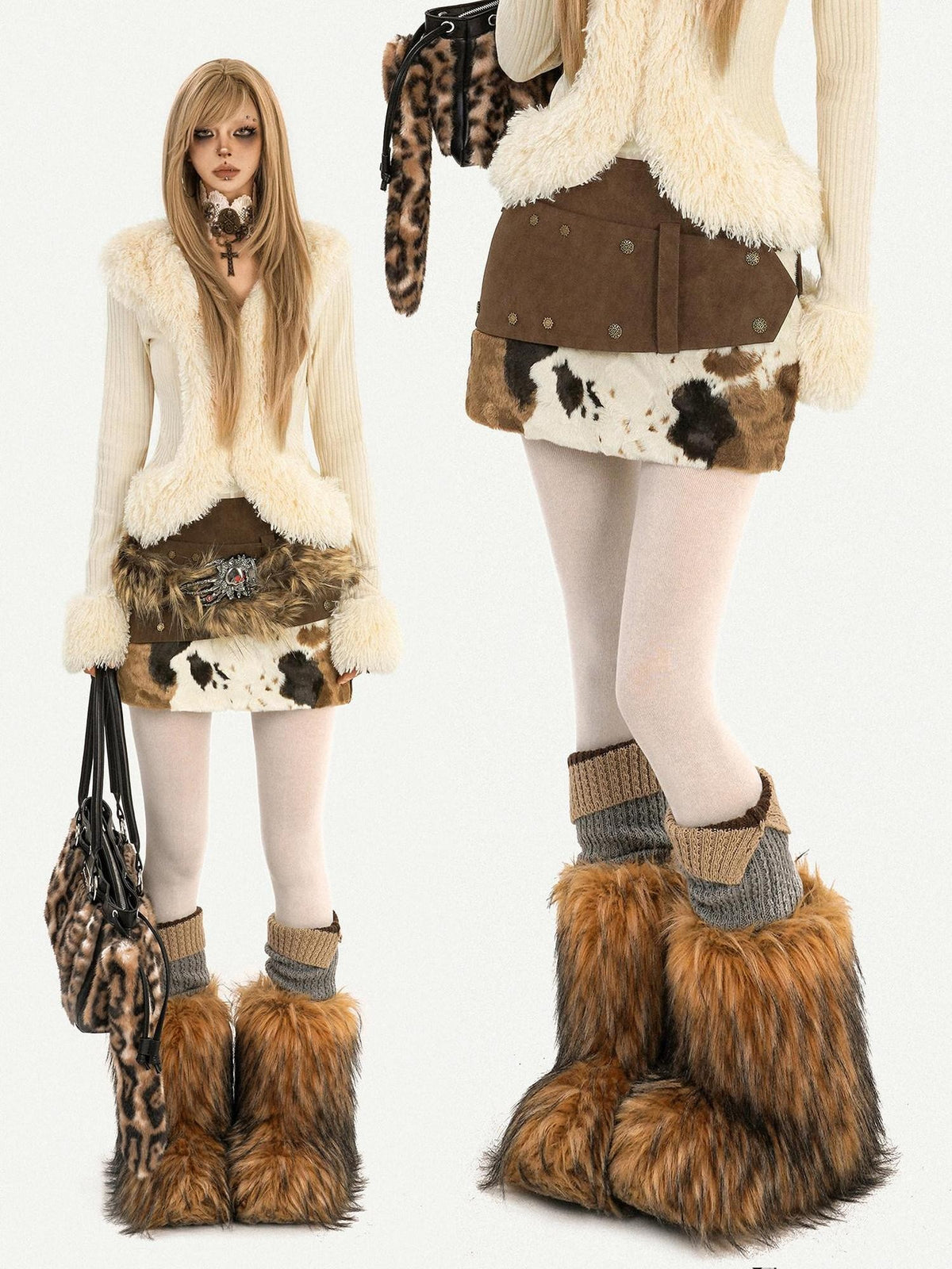 Nico Molly Cow Print Plush Patchwork Distressed Low Waist Women&