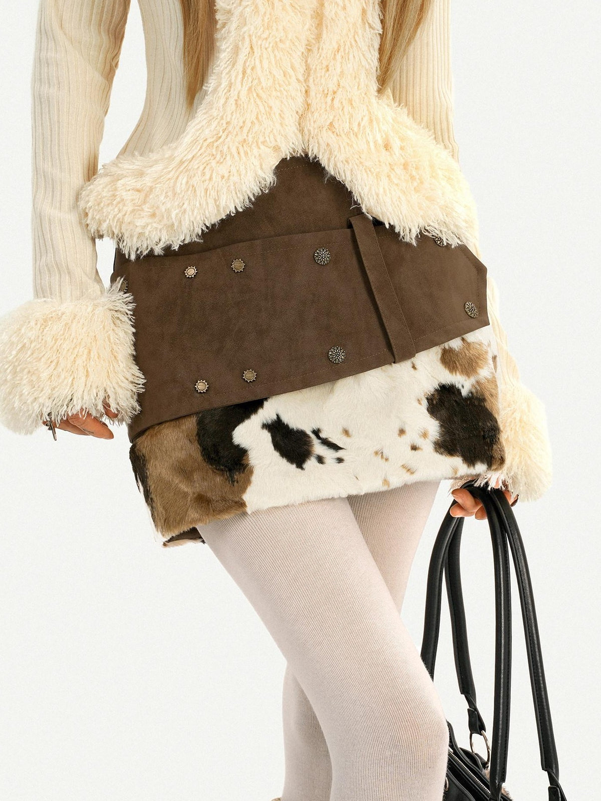 Nico Molly Cow Print Plush Patchwork Distressed Low Waist Women&