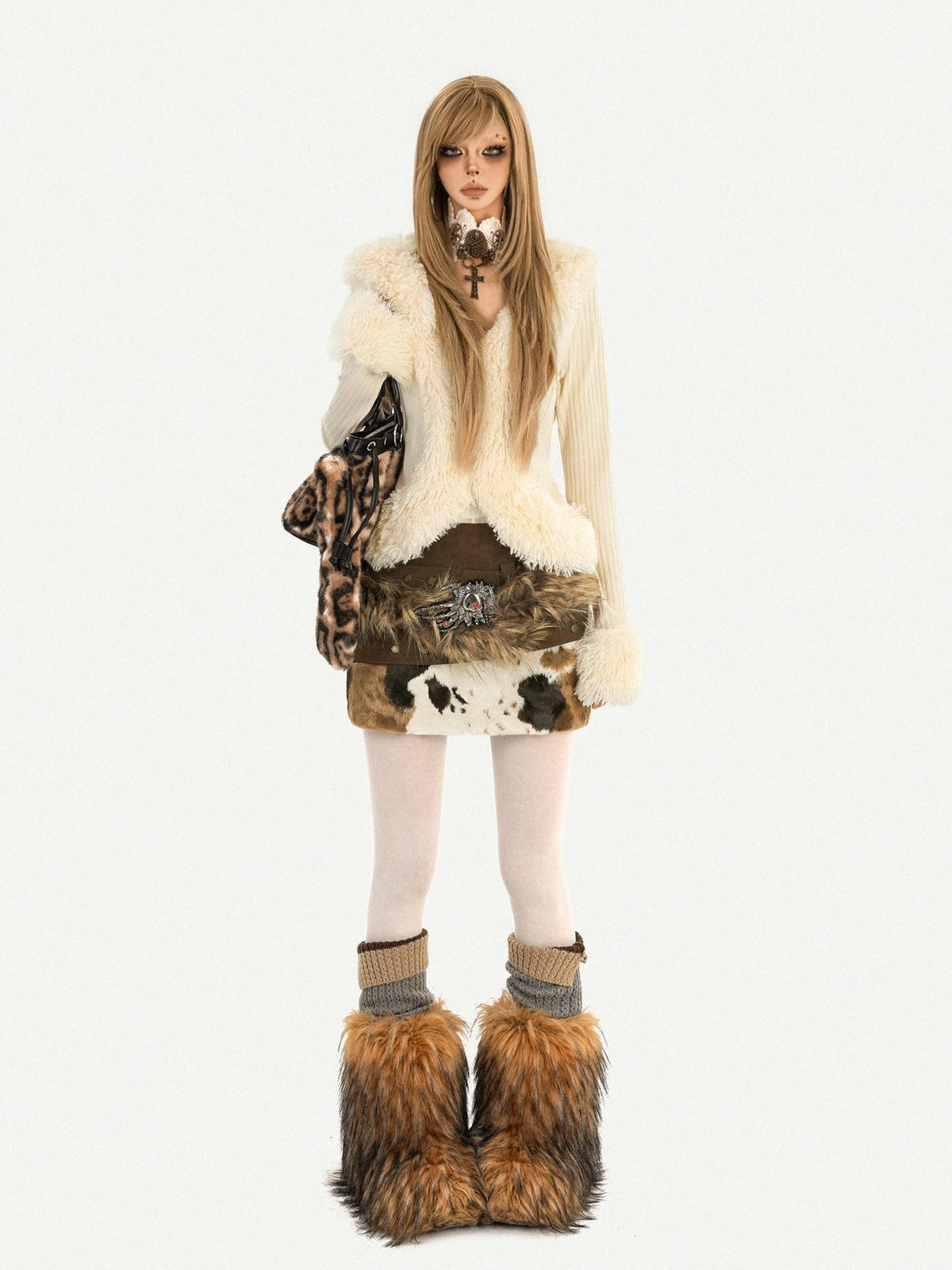 Nico Molly Cow Print Plush Patchwork Distressed Low Waist Women&