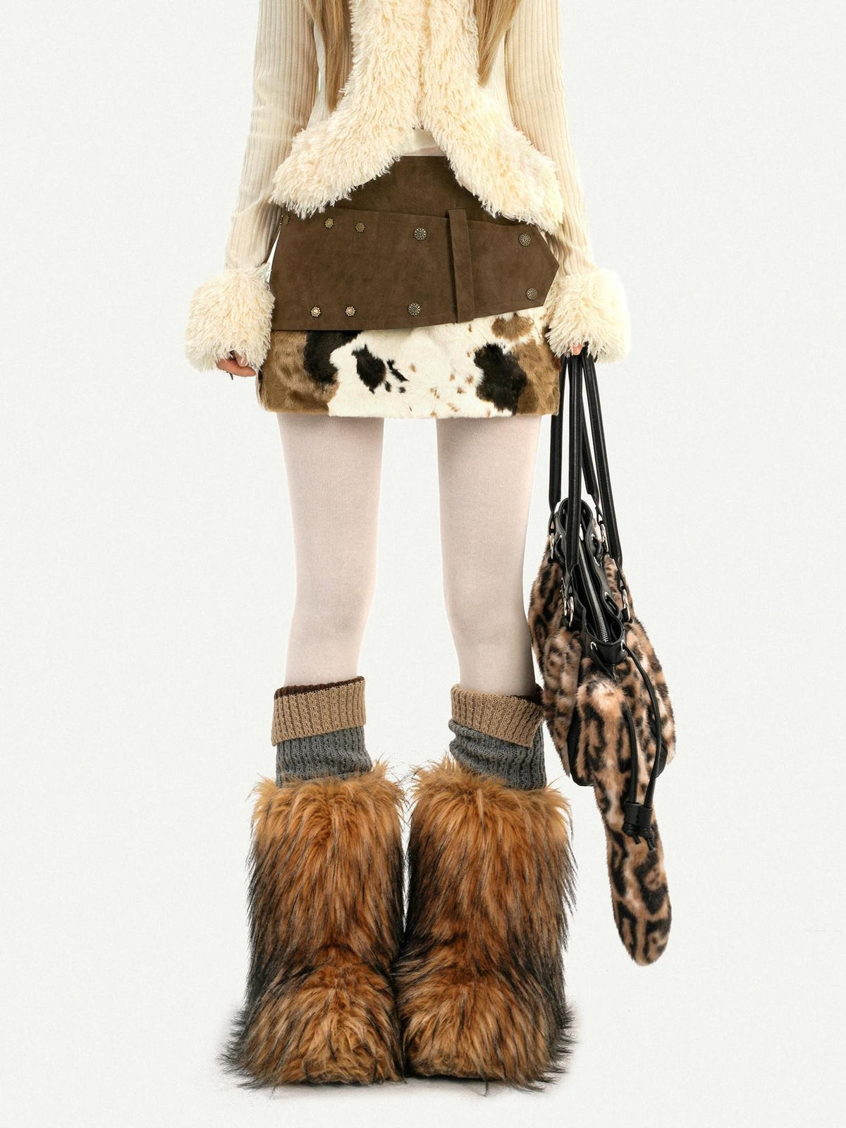 Nico Molly Cow Print Plush Patchwork Distressed Low Waist Women&