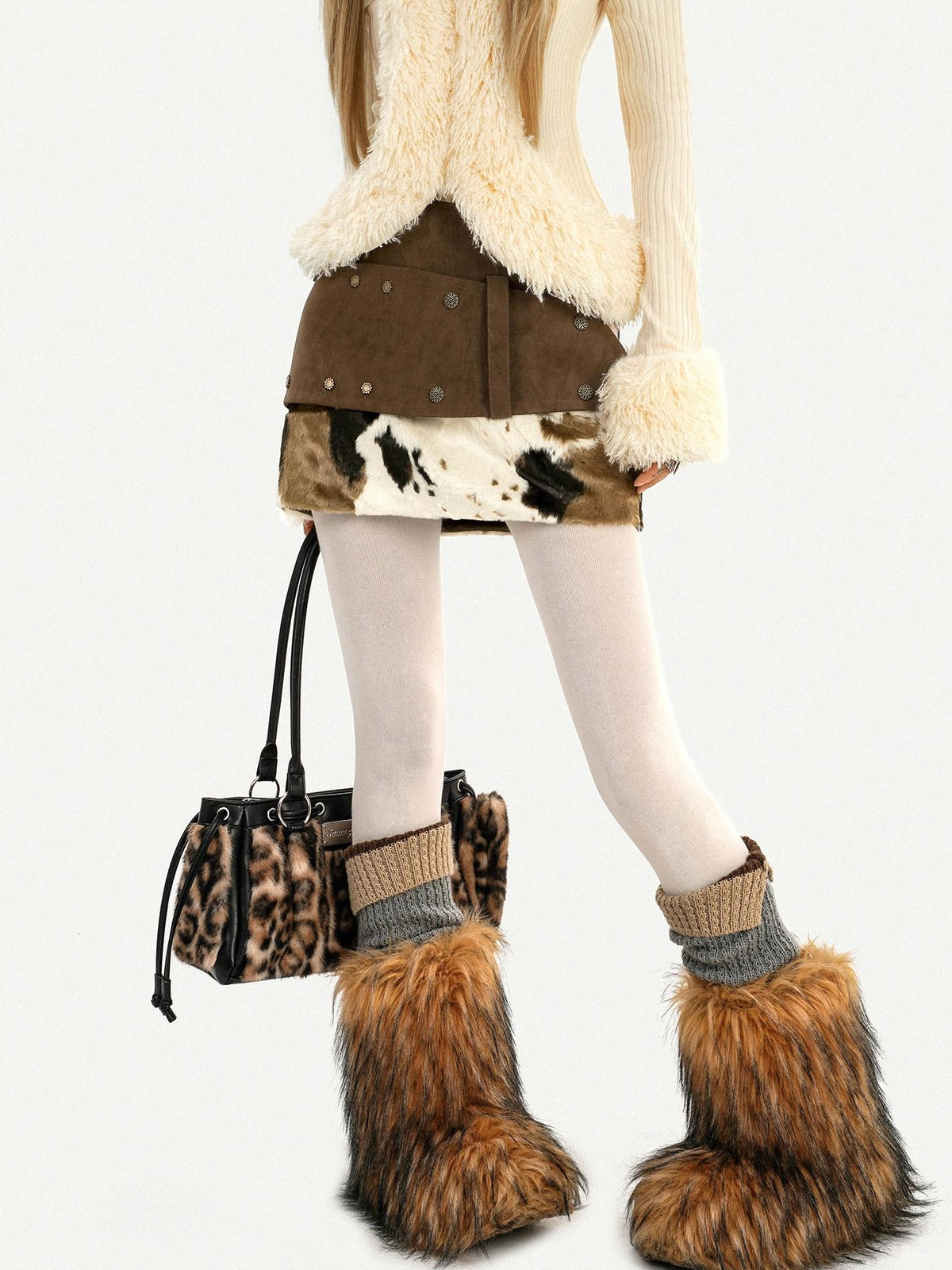 Nico Molly Cow Print Plush Patchwork Distressed Low Waist Women&