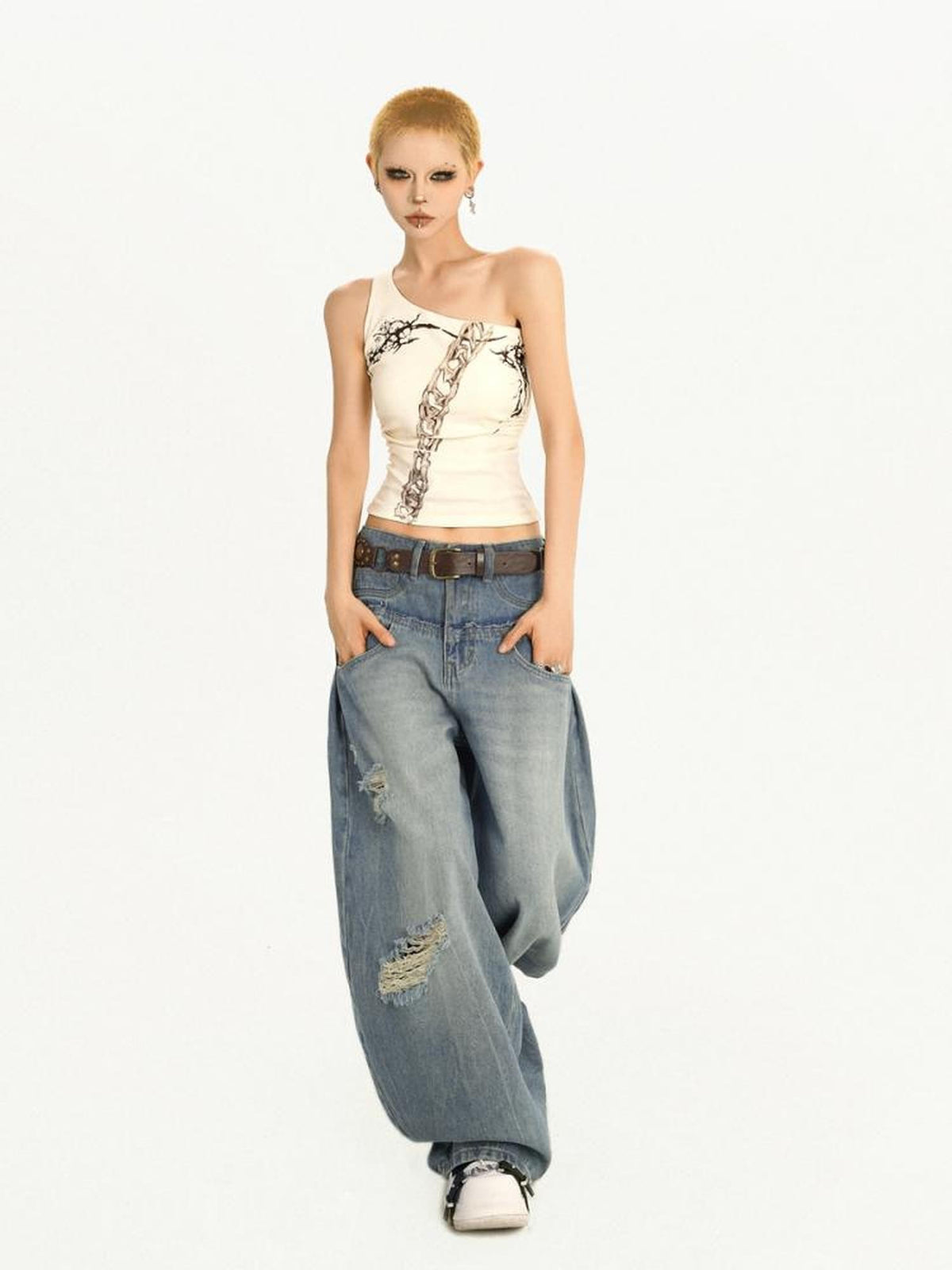 Nico Molly Cross Print Asymmetric Shoulder Splice Women&