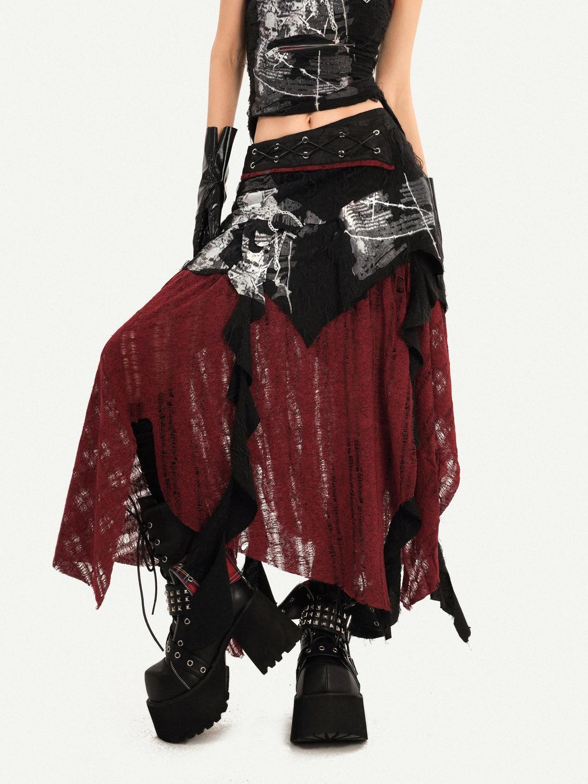 Nico Molly Dark Gothic Asymmetrical A Line Colorblock High Waist Women&