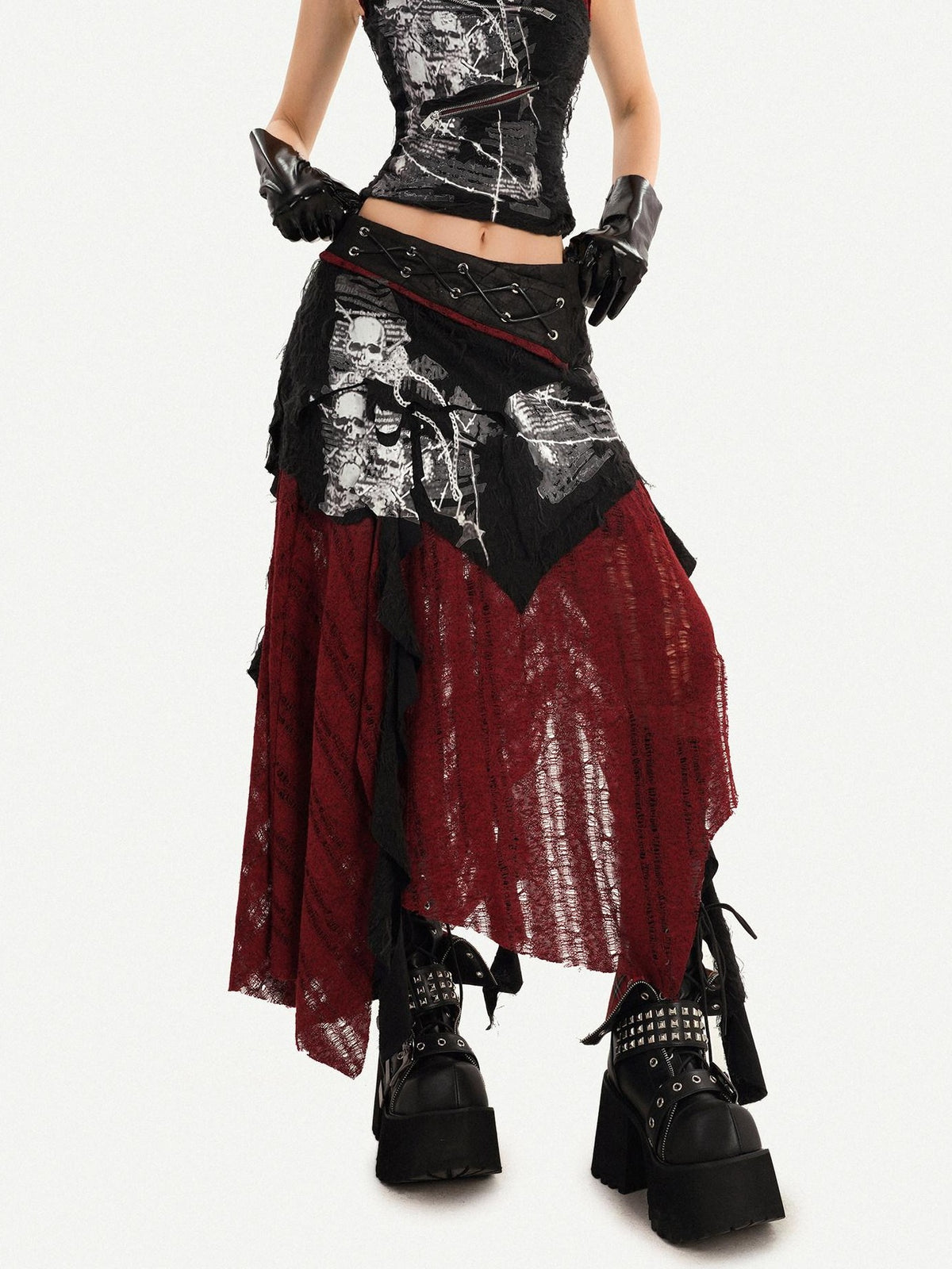 Nico Molly Dark Gothic Asymmetrical A Line Colorblock High Waist Women&
